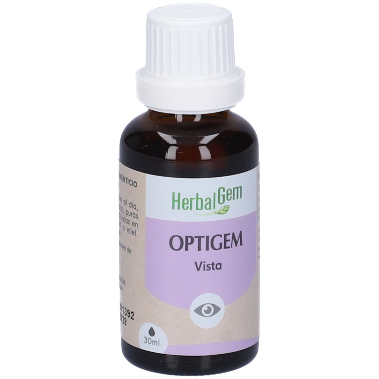 Flacone di vetro marrone con tappo bianco. Etichetta "HerbalGem Optigem Vista". 30ml.