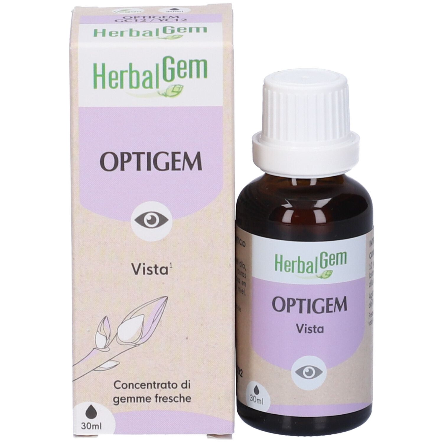 Flacone e confezione. Flacone: "HerbalGem Optigem Vista". Confezione: "HerbalGem Optigem".