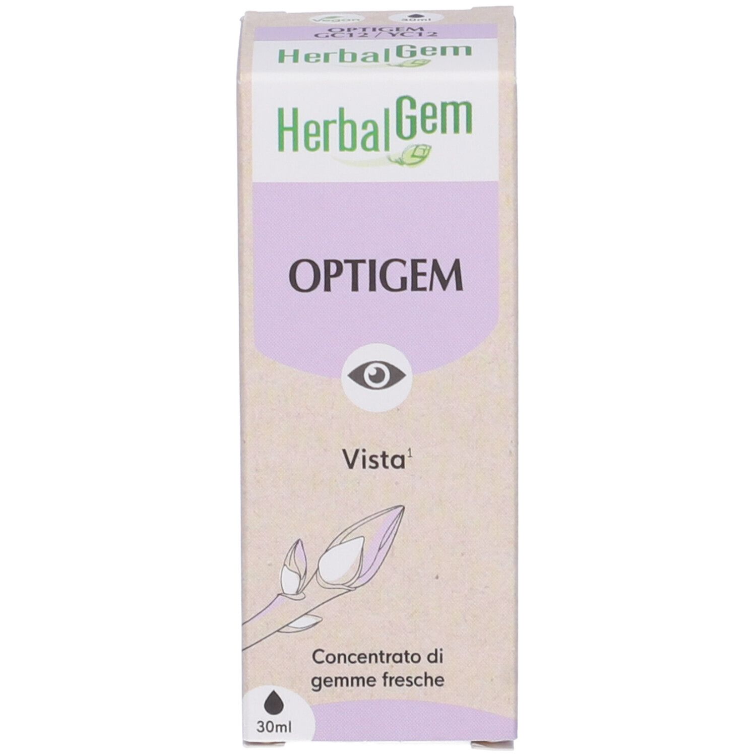 Confezione del prodotto. "HerbalGem Optigem Vista". Concentrato di gemme fresche. 30ml.