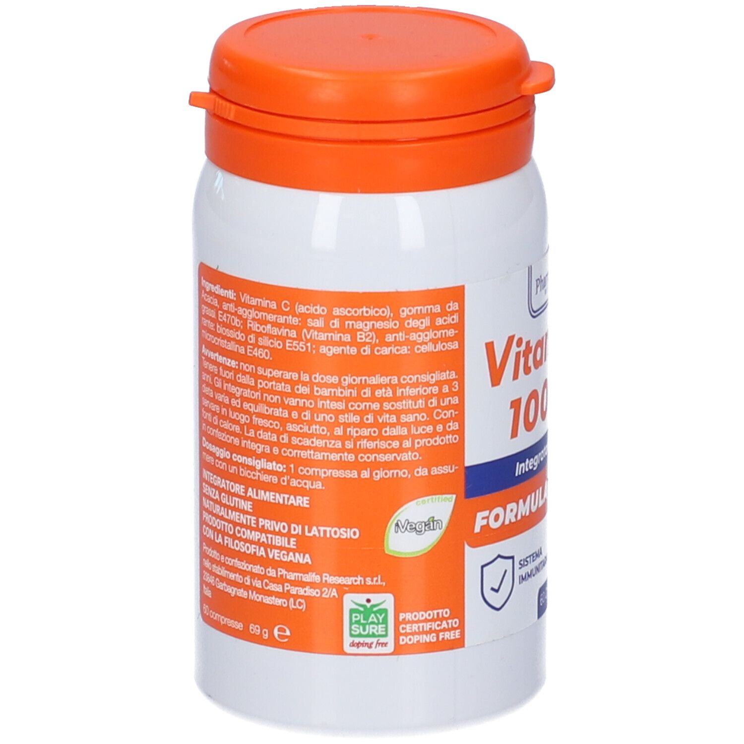 Retro del flacone bianco con coperchio arancione. Testo con ingredienti e avvertenze. Logo: Play Sure.