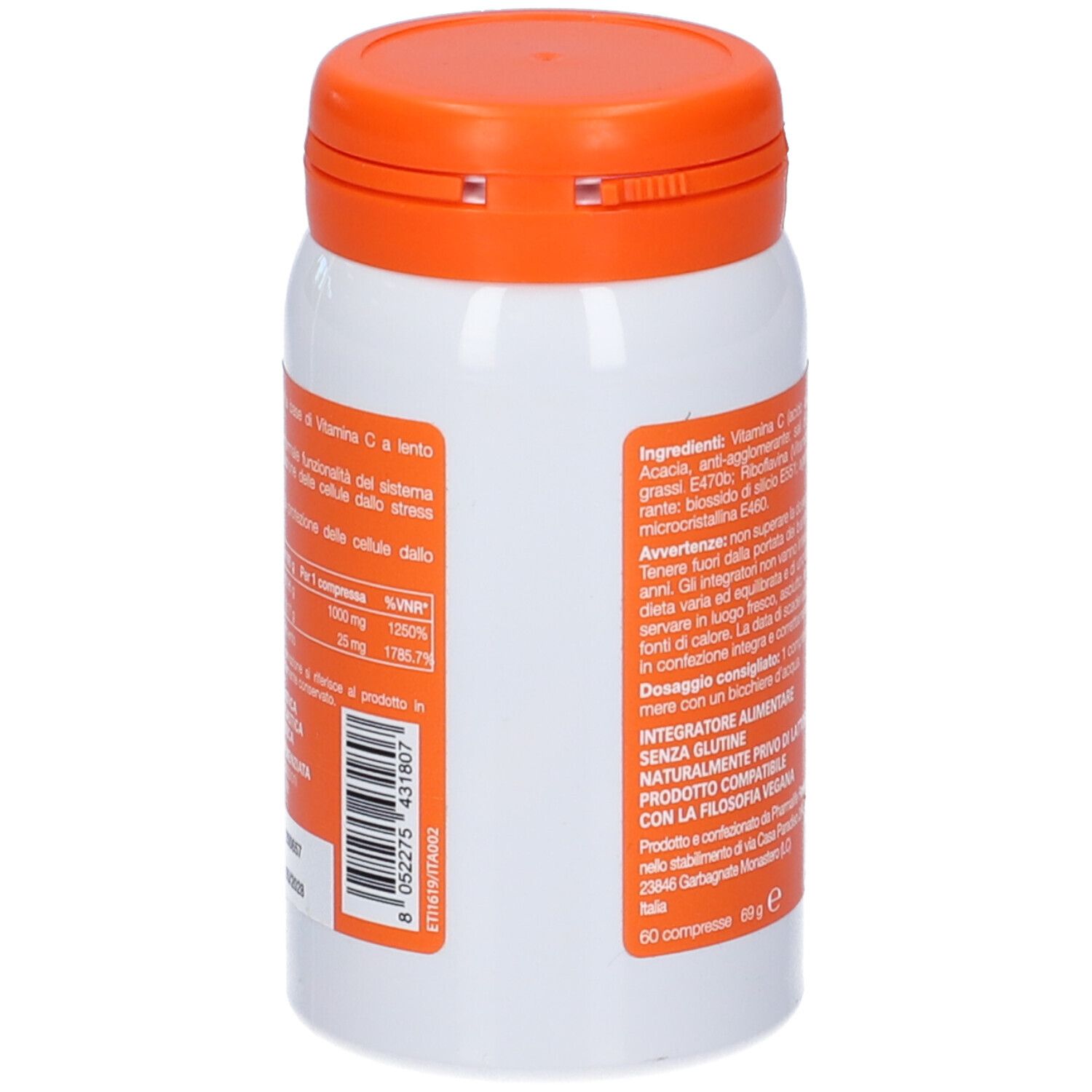 Retro del flacone bianco con coperchio arancione. Testo con ingredienti e informazioni nutrizionali.