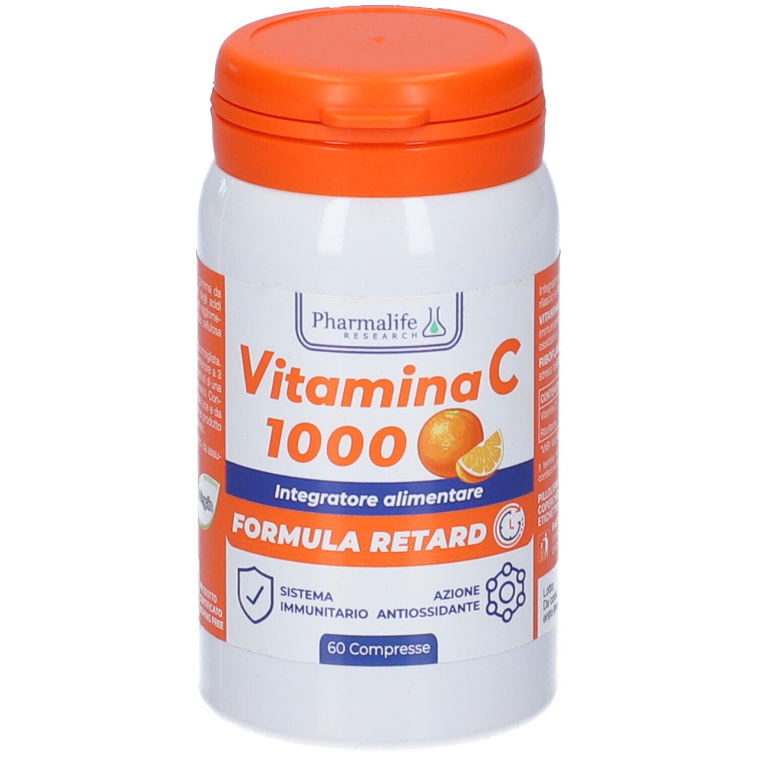 Flacone bianco con coperchio arancione. Scritta: Vitamina C 1000, 60 Compresse. Logo: Pharmalife Research.
