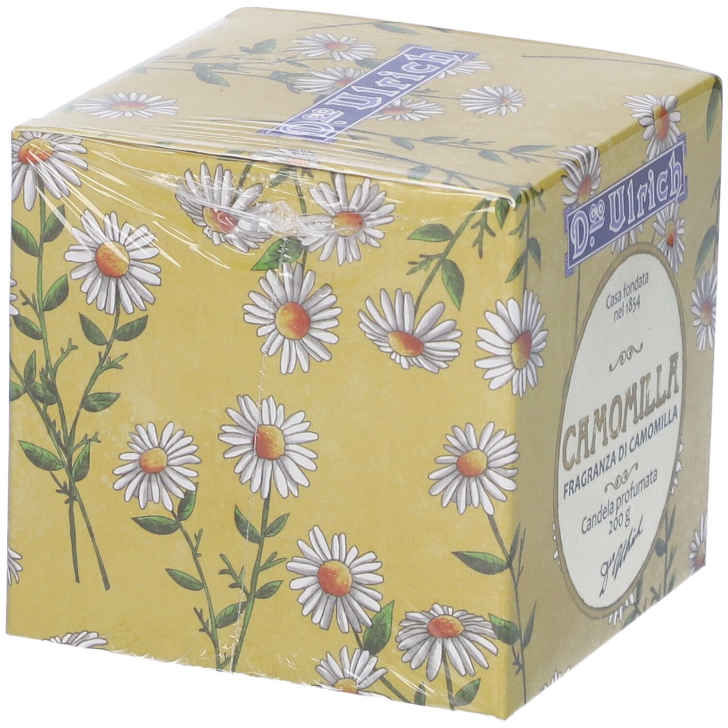 Confezione di Ulrich Candela Camomilla. Scatola gialla con design di fiori di camomilla. Nome del prodotto e marchio visibili.