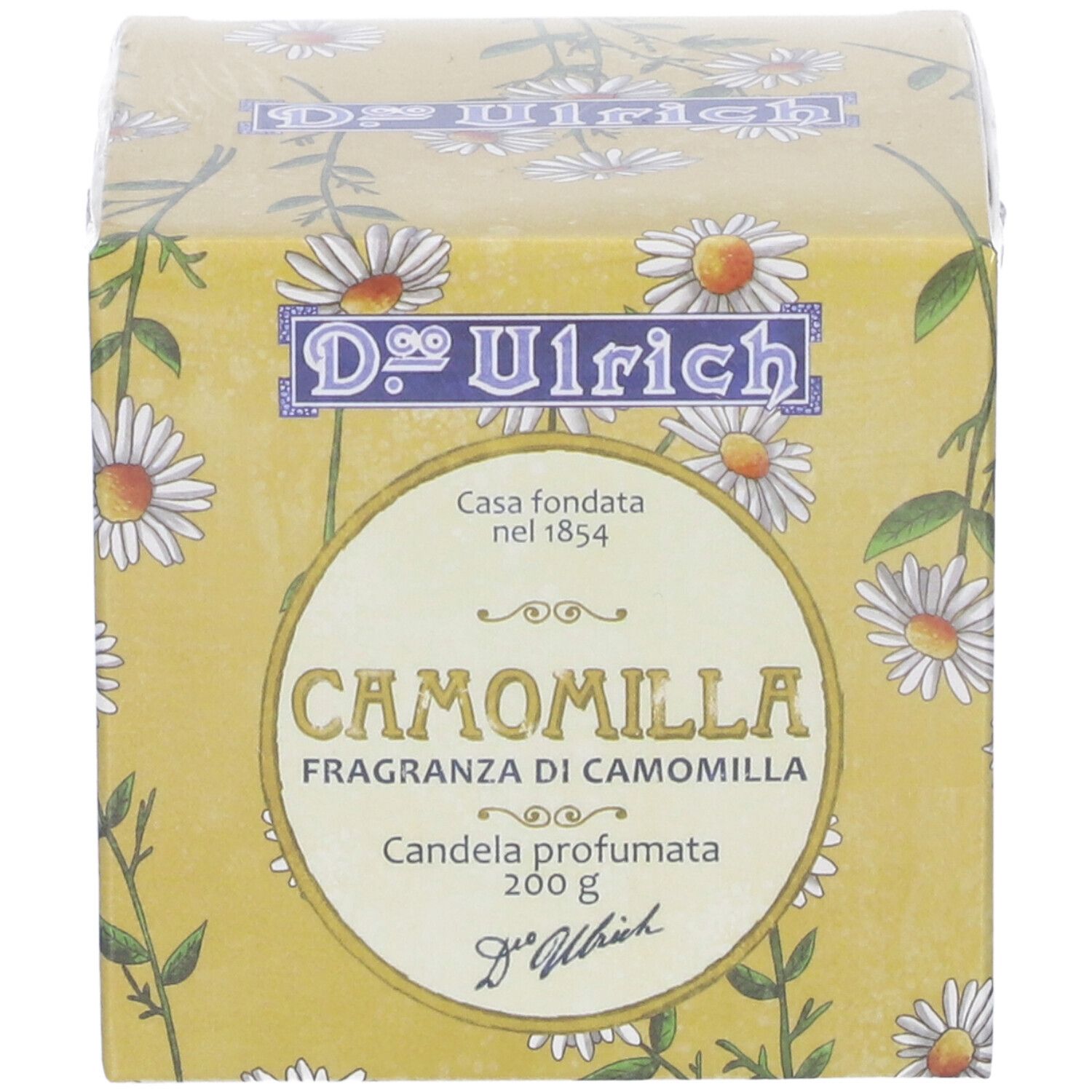 Confezione di Ulrich Candela Camomilla. Scatola gialla con design di fiori di camomilla. Nome del prodotto e marchio visibili.