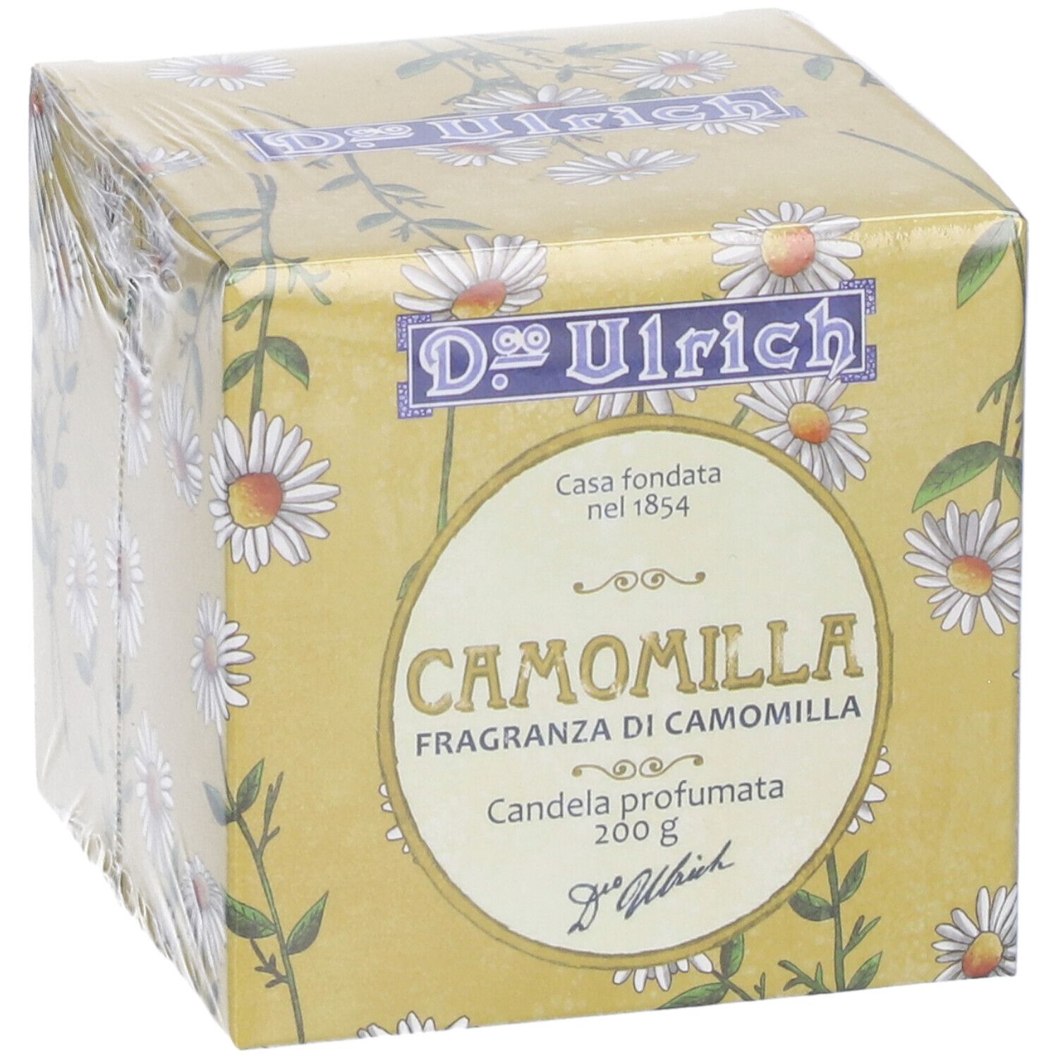 Confezione di Ulrich Candela Camomilla. Scatola gialla con design di fiori di camomilla. Nome del prodotto e marchio visibili.