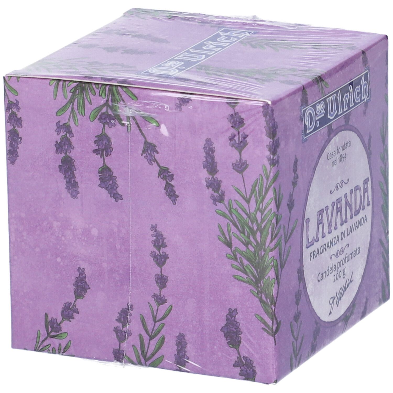 Confezione quadrata con design lavanda. Scritta: Dr. Ulrich, Lavanda, Candela profumata 200 g.