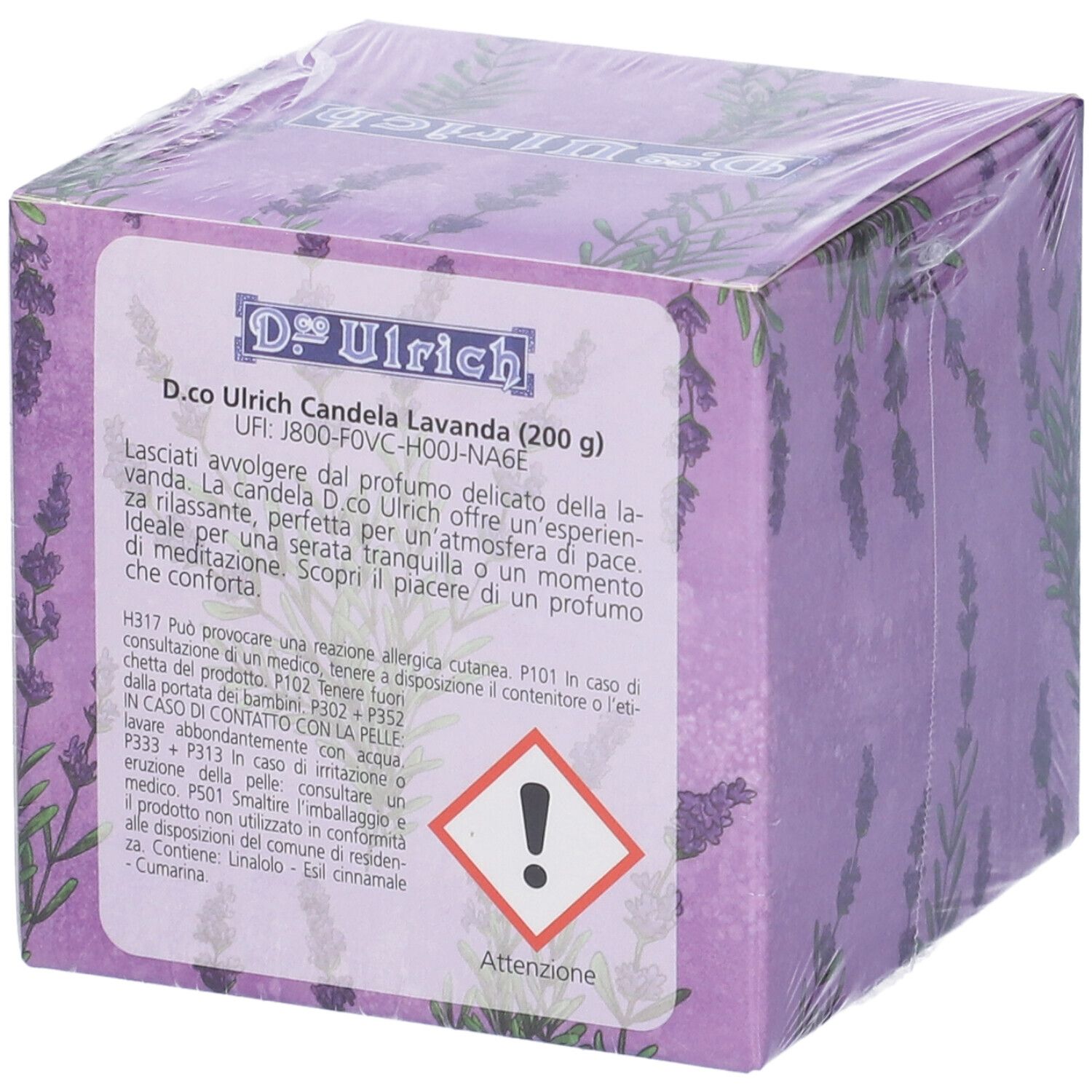 Confezione quadrata con design lavanda. Scritta: Dr. Ulrich Candela Lavanda (200 g). Avvertenza.