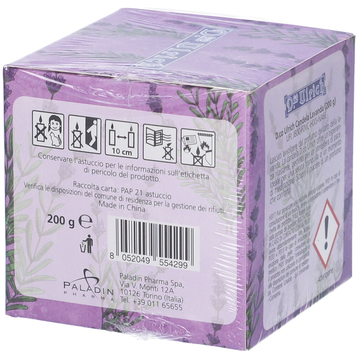 Confezione quadrata con design lavanda. Scritta: Dr. Ulrich Candela Lavanda (200 g). Codice a barre e pittogrammi.
