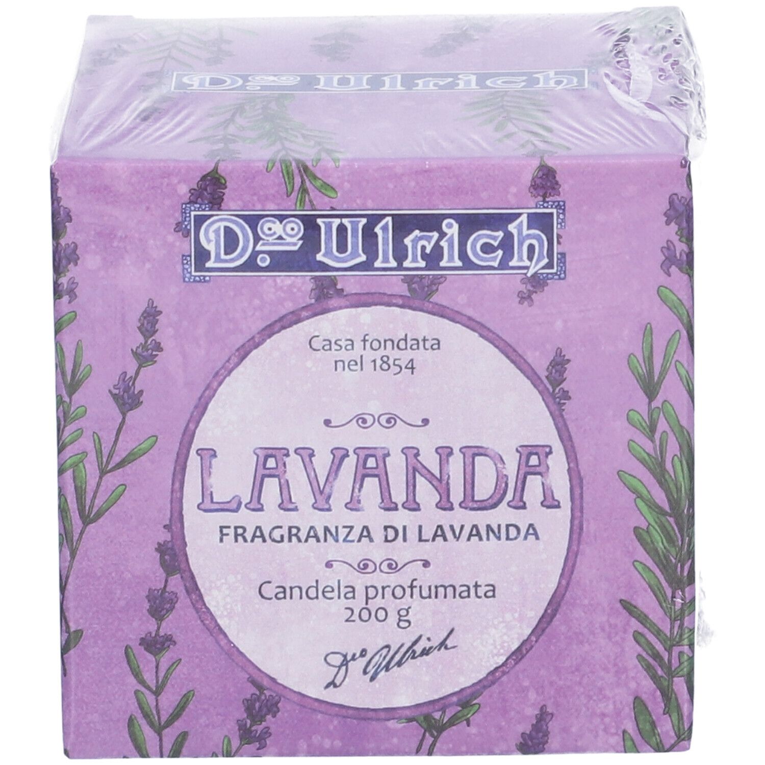 Confezione quadrata con design lavanda. Scritta: Dr. Ulrich, Lavanda, Candela profumata 200 g.