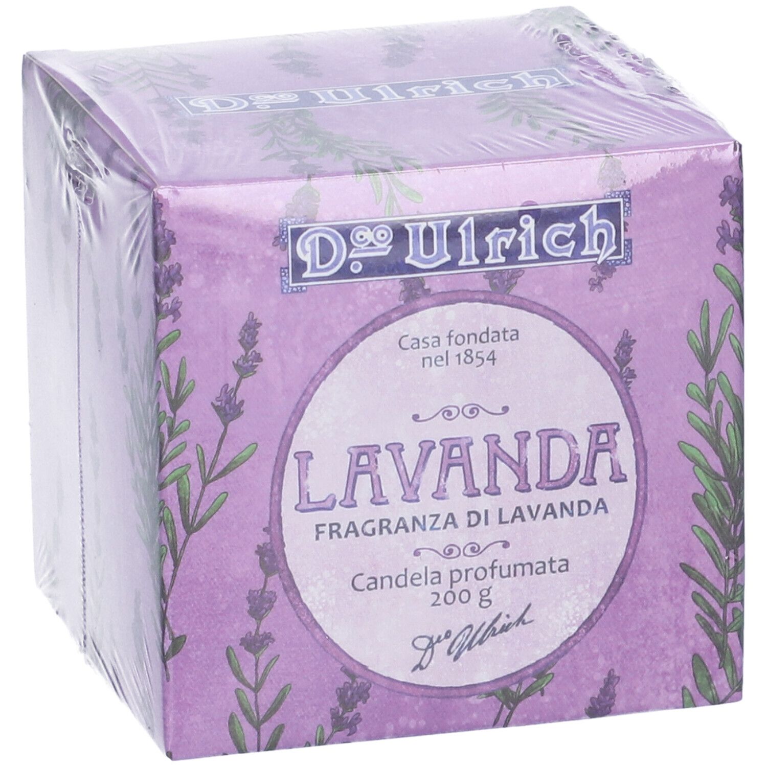 Confezione quadrata con design lavanda. Scritta: Dr. Ulrich, Lavanda, Candela profumata 200 g.