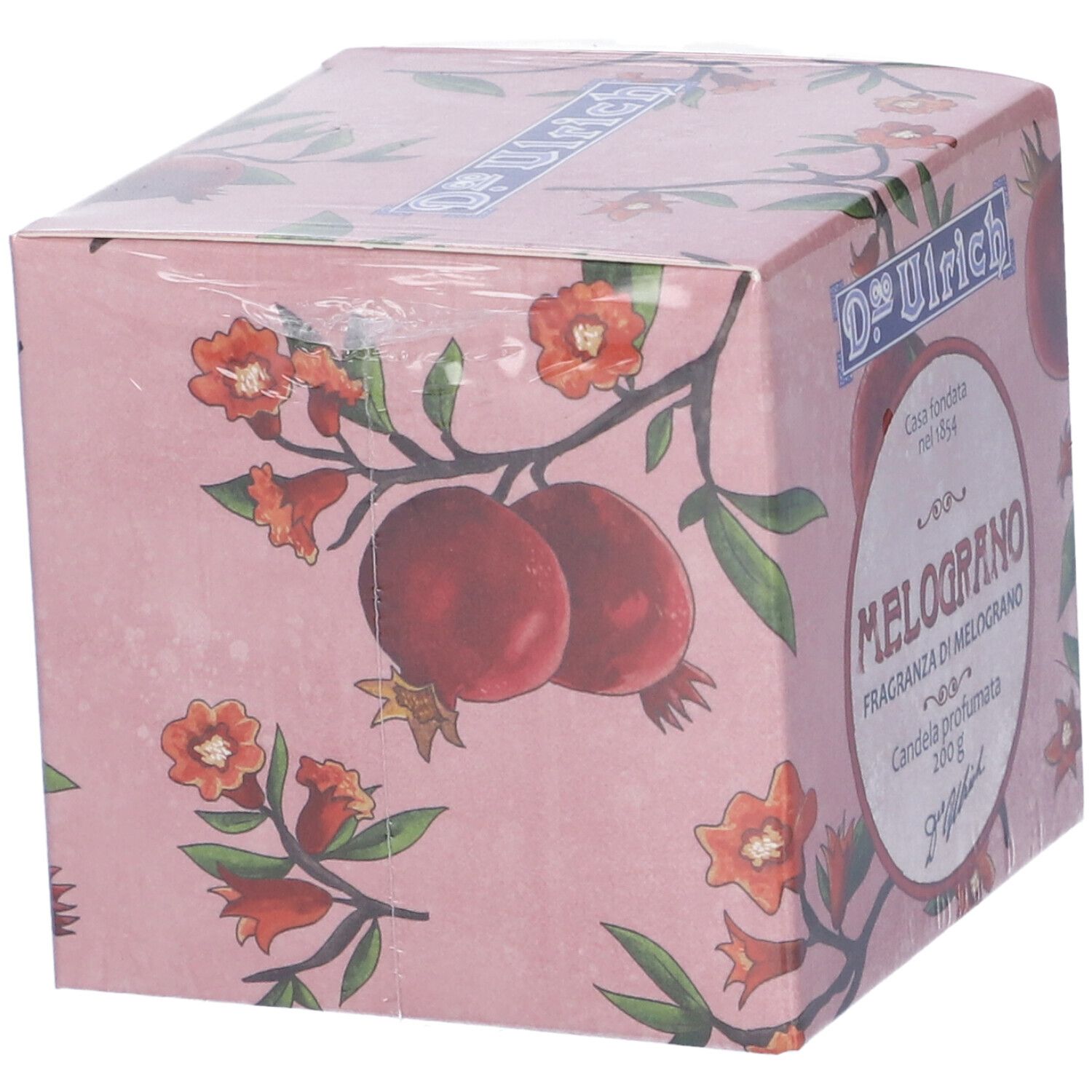 Confezione di Dr. Ulrich Candela Melograno. Sfondo rosa con motivo melograno. Confezionato in pellicola.