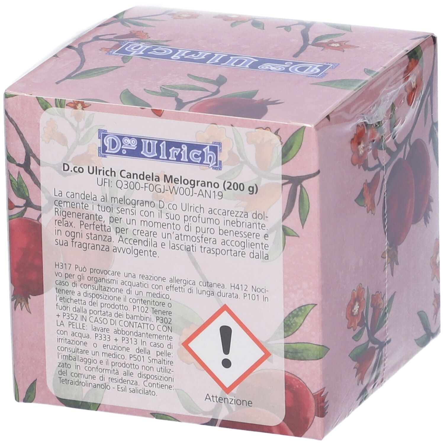 Confezione di Dr. Ulrich Candela Melograno. Sfondo rosa con motivo melograno. Testo e avvertenze.