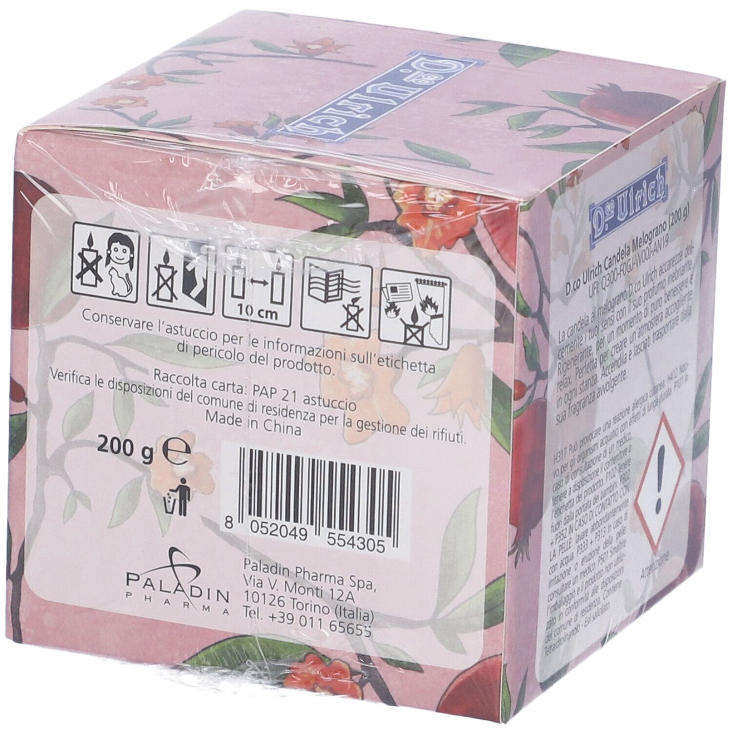 Confezione di Dr. Ulrich Candela Melograno. Sfondo rosa con motivo melograno. Retro con testo e codice a barre.
