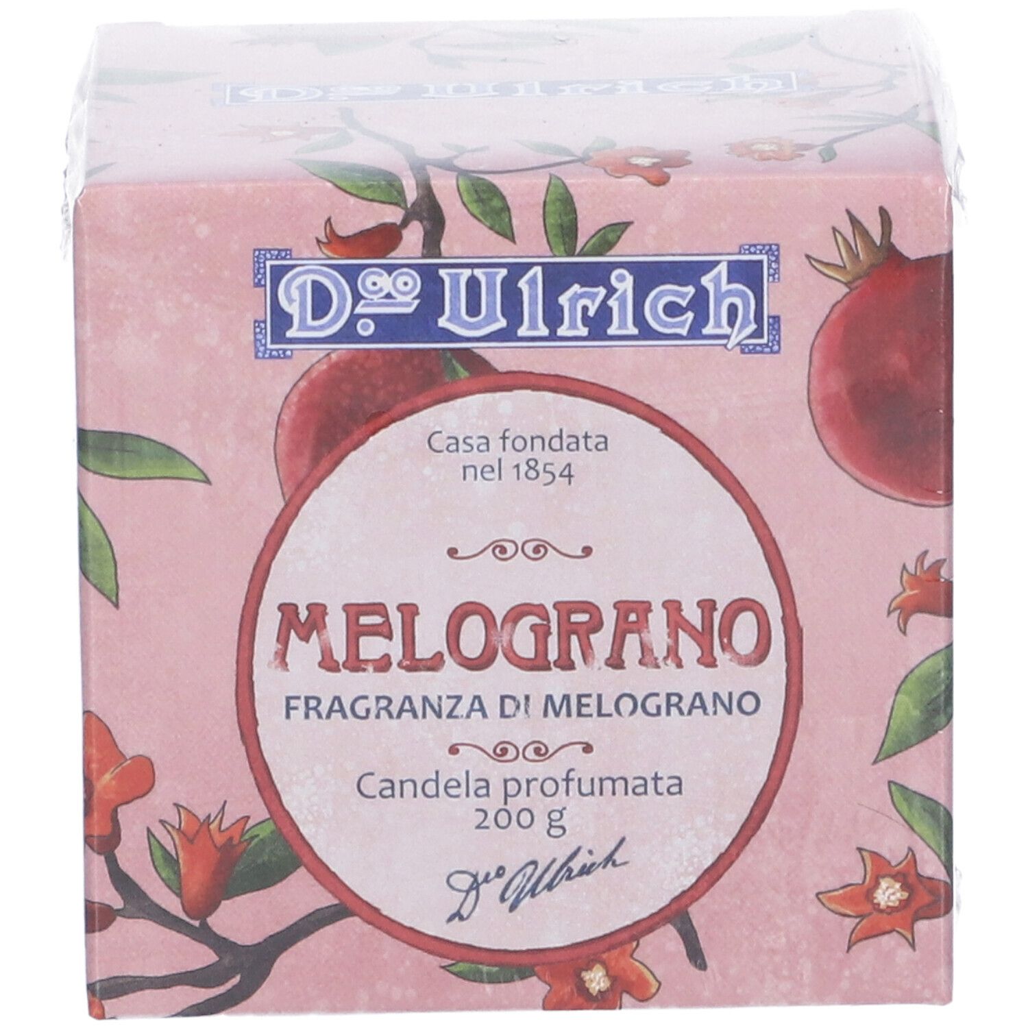 Confezione di Dr. Ulrich Candela Melograno. Sfondo rosa con motivo melograno. Testo: Melograno, candela profumata, 200 g.
