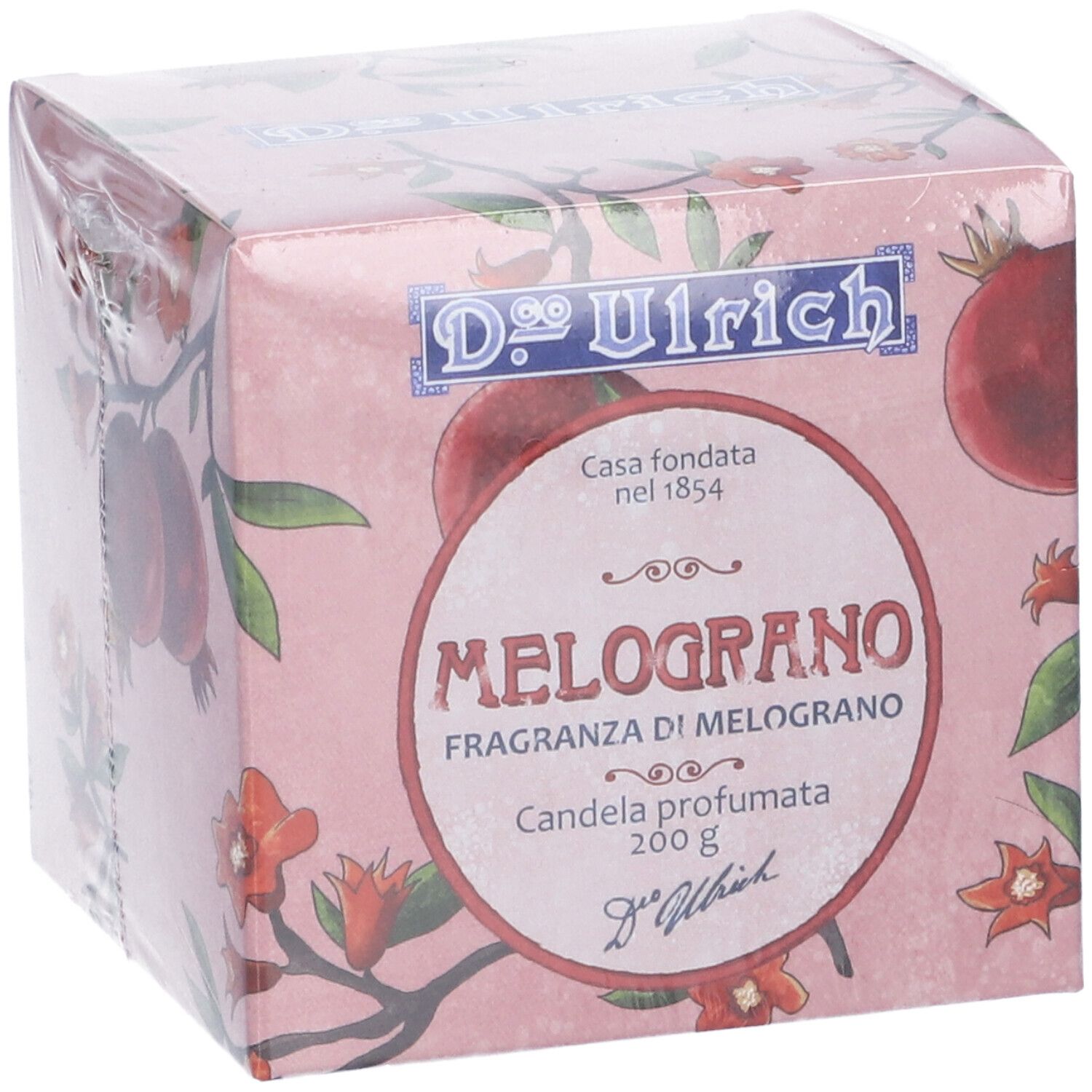 Confezione di Dr. Ulrich Candela Melograno. Sfondo rosa con motivo melograno. Confezionato in pellicola.