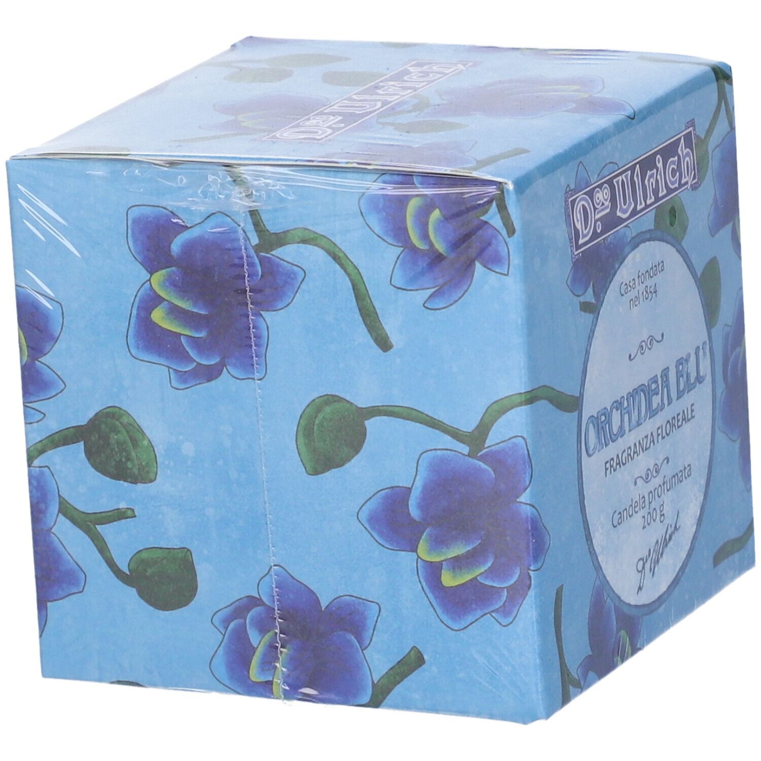 Confezione quadrata con motivo orchidea. Scritta: Dr. Ulrich, Orchidea Blu. Confezionato in pellicola.