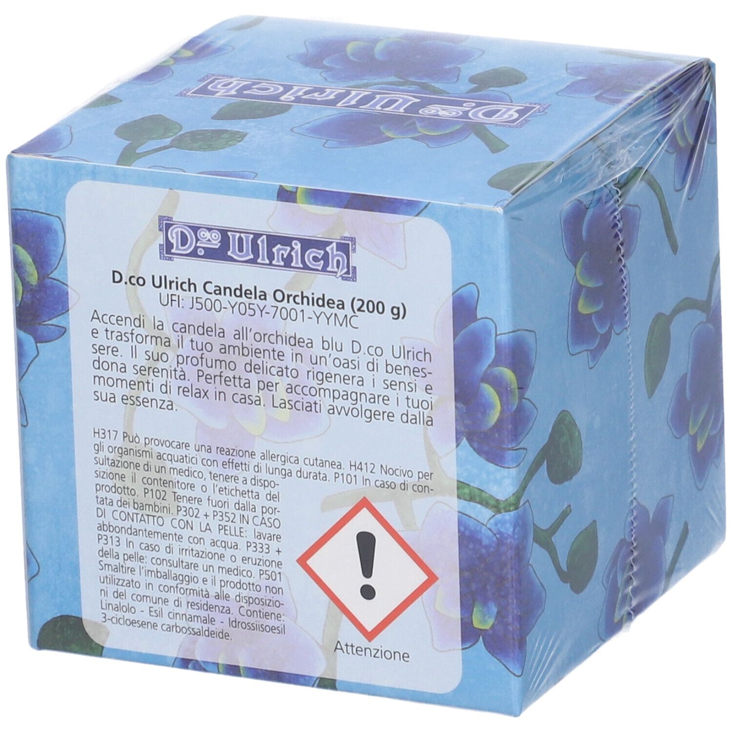 Confezione quadrata con motivo orchidea. Scritta: Dr. Ulrich Candela Orchidea, 200 g. Simbolo di pericolo.