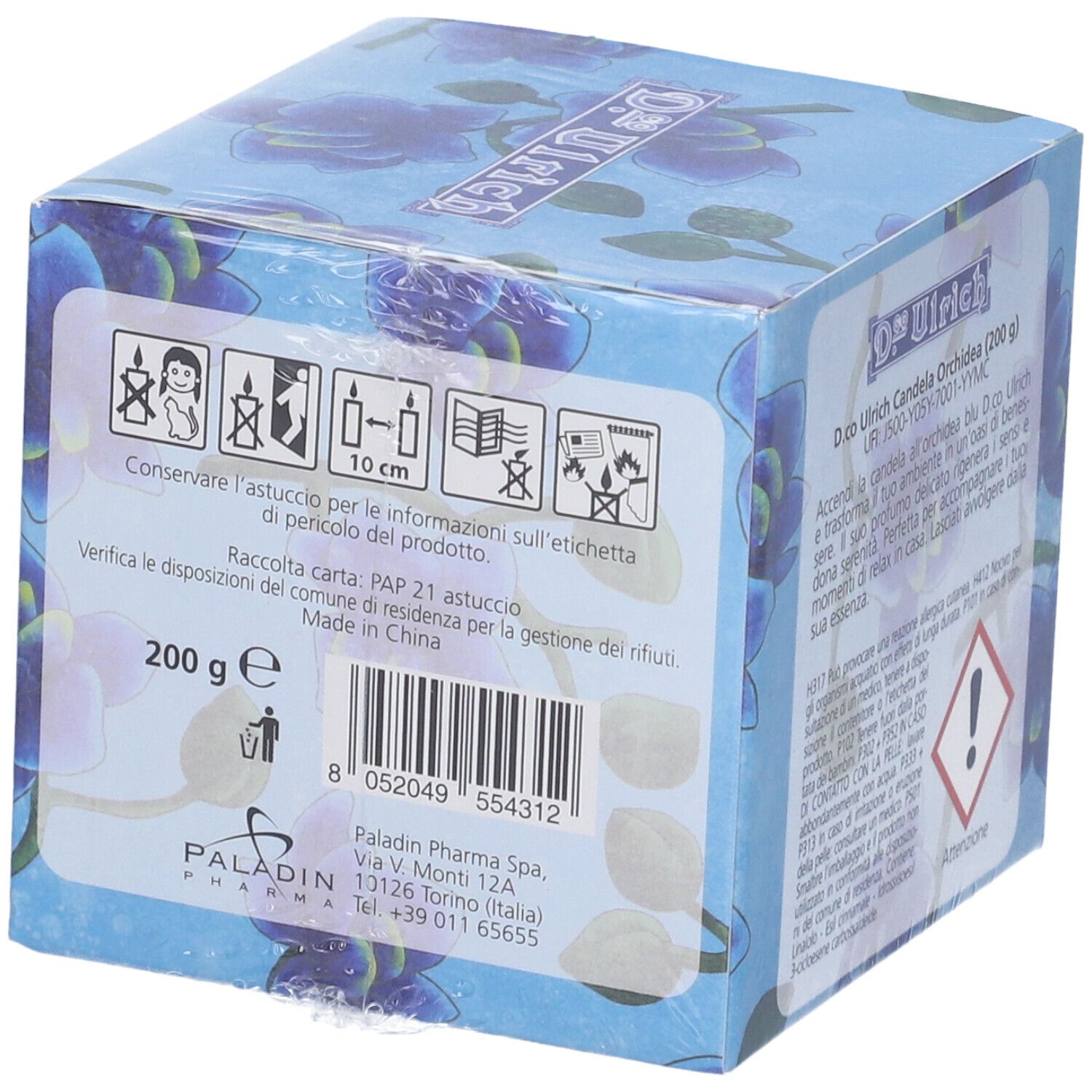 Confezione quadrata con motivo orchidea. Scritta: Dr. Ulrich Candela Orchidea, 200 g. Codice a barre e avvertenze.