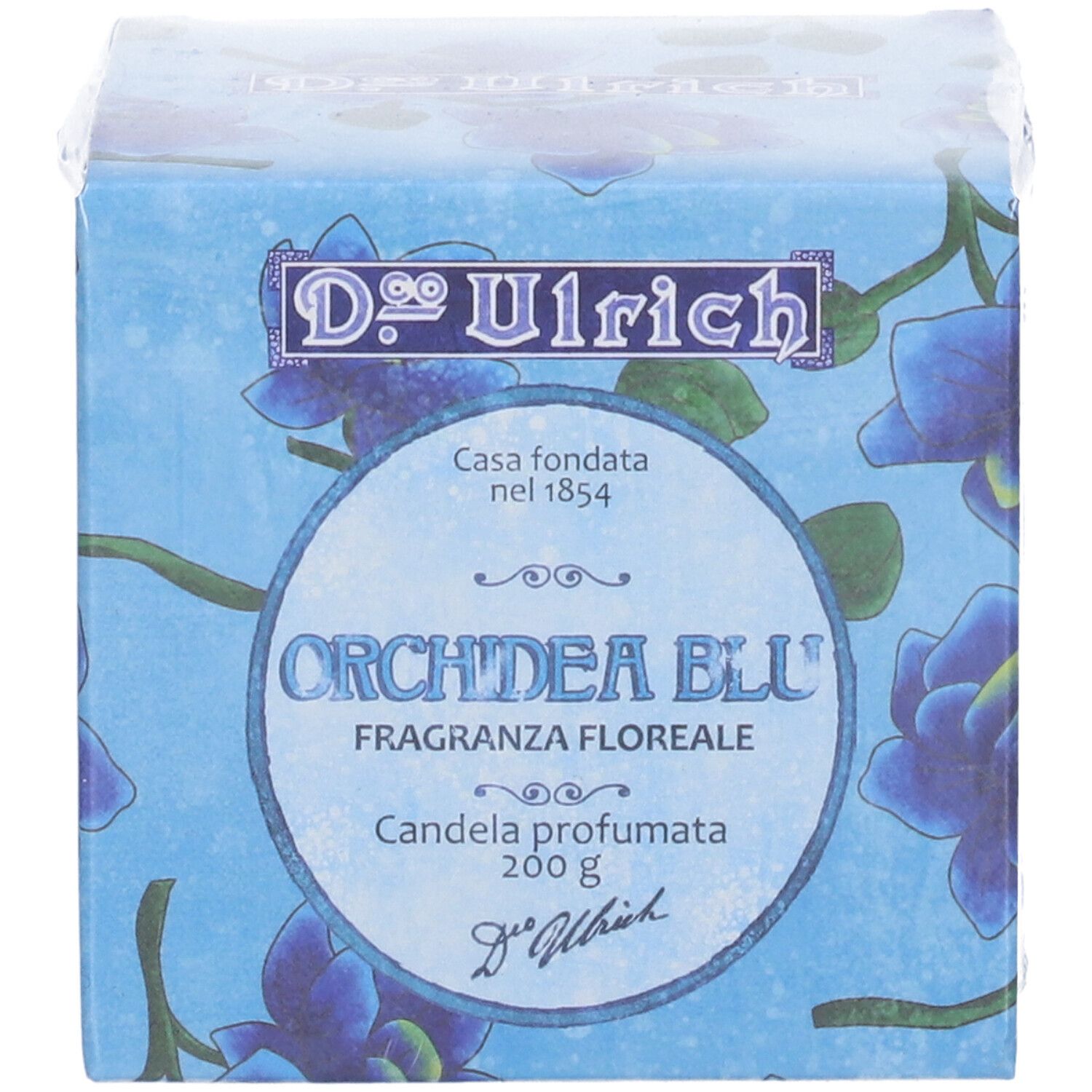 Confezione quadrata con motivo orchidea. Scritta: Dr. Ulrich, Orchidea Blu, 200 g. Confezionato in pellicola.