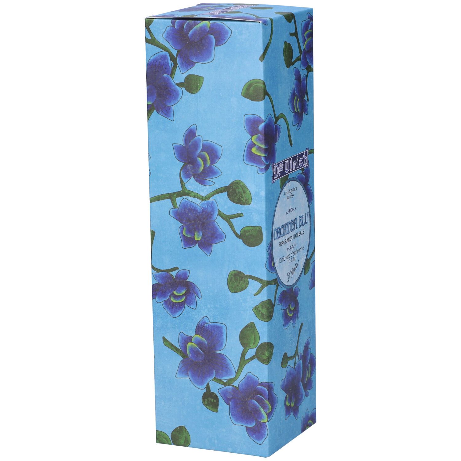 Confezione blu con motivo orchidee. Testo: D.co Ulrich, Orchidea Blu, Diffusore d'ambiente.