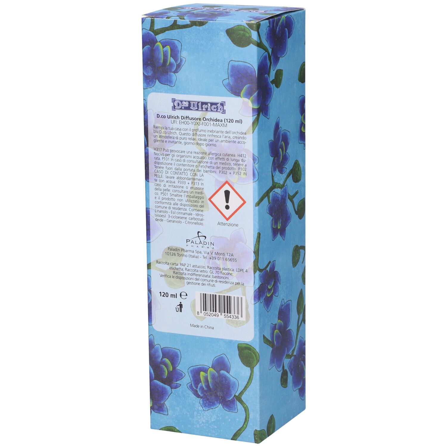 Retro confezione con motivo orchidee. Testo: D.co Ulrich, Orchidea Blu, 120 ml, avvertenza.