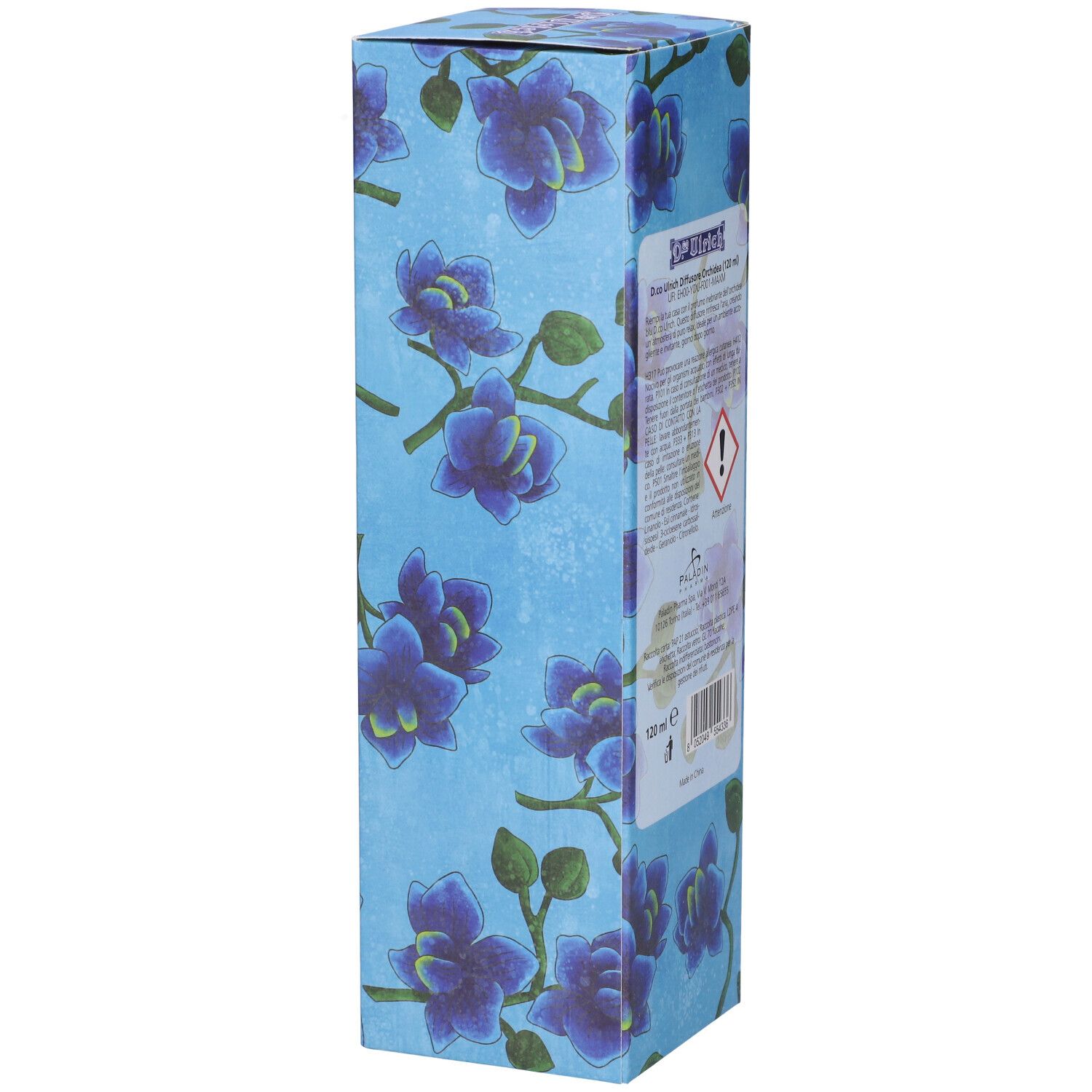 Retro confezione con motivo orchidee. Testo: D.co Ulrich, Orchidea Blu, 120 ml, avvertenza.