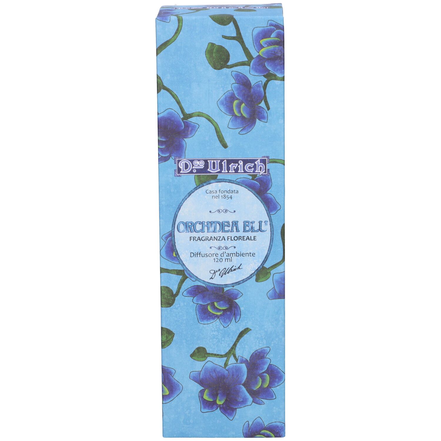 Confezione blu con motivo orchidee. Testo: D.co Ulrich, Orchidea Blu, Diffusore d'ambiente, 120 ml.