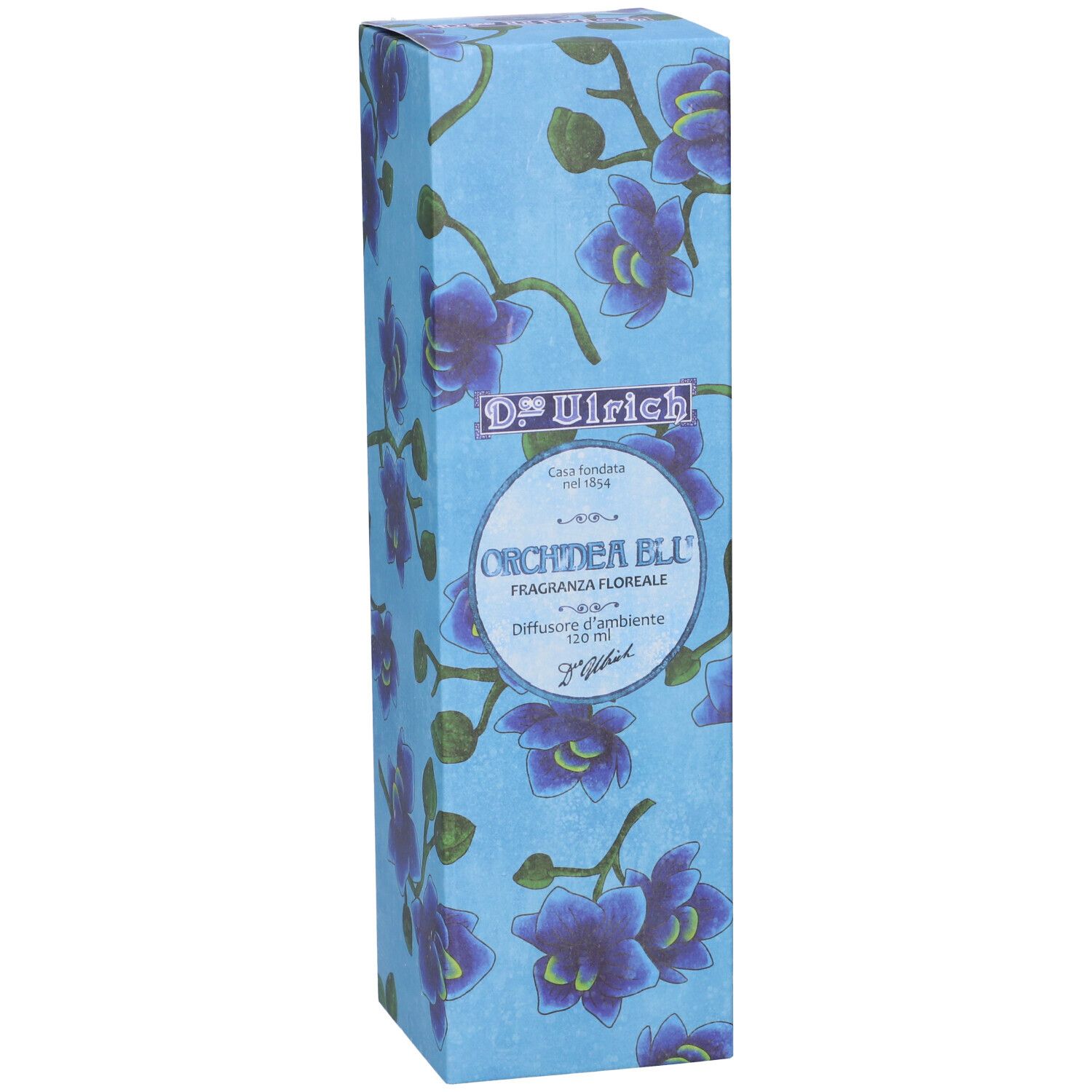 Confezione blu con motivo orchidee. Testo: D.co Ulrich, Orchidea Blu, Diffusore d'ambiente, 120 ml.