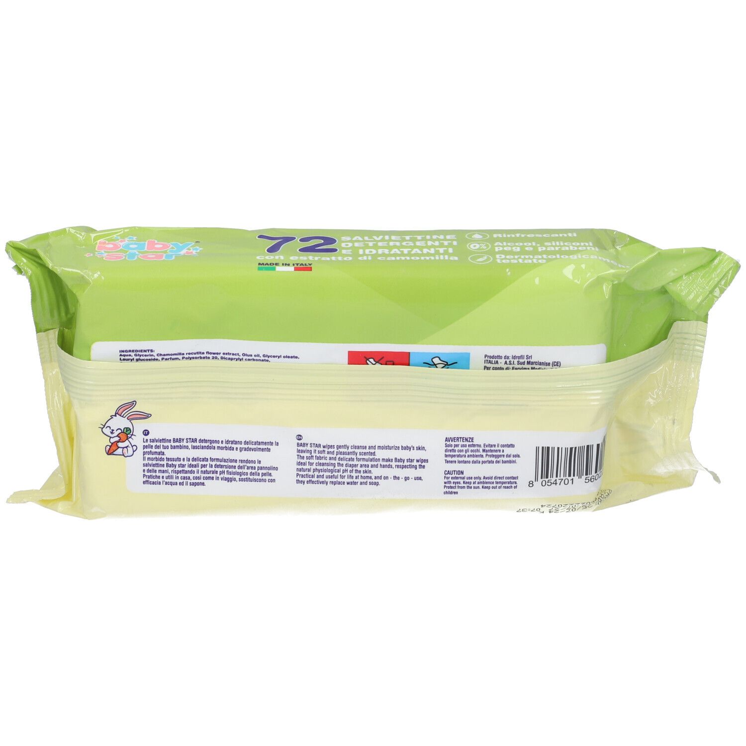 Retro della confezione. Logo Baby Star, testo e codice a barre. Contiene 72 salviettine.