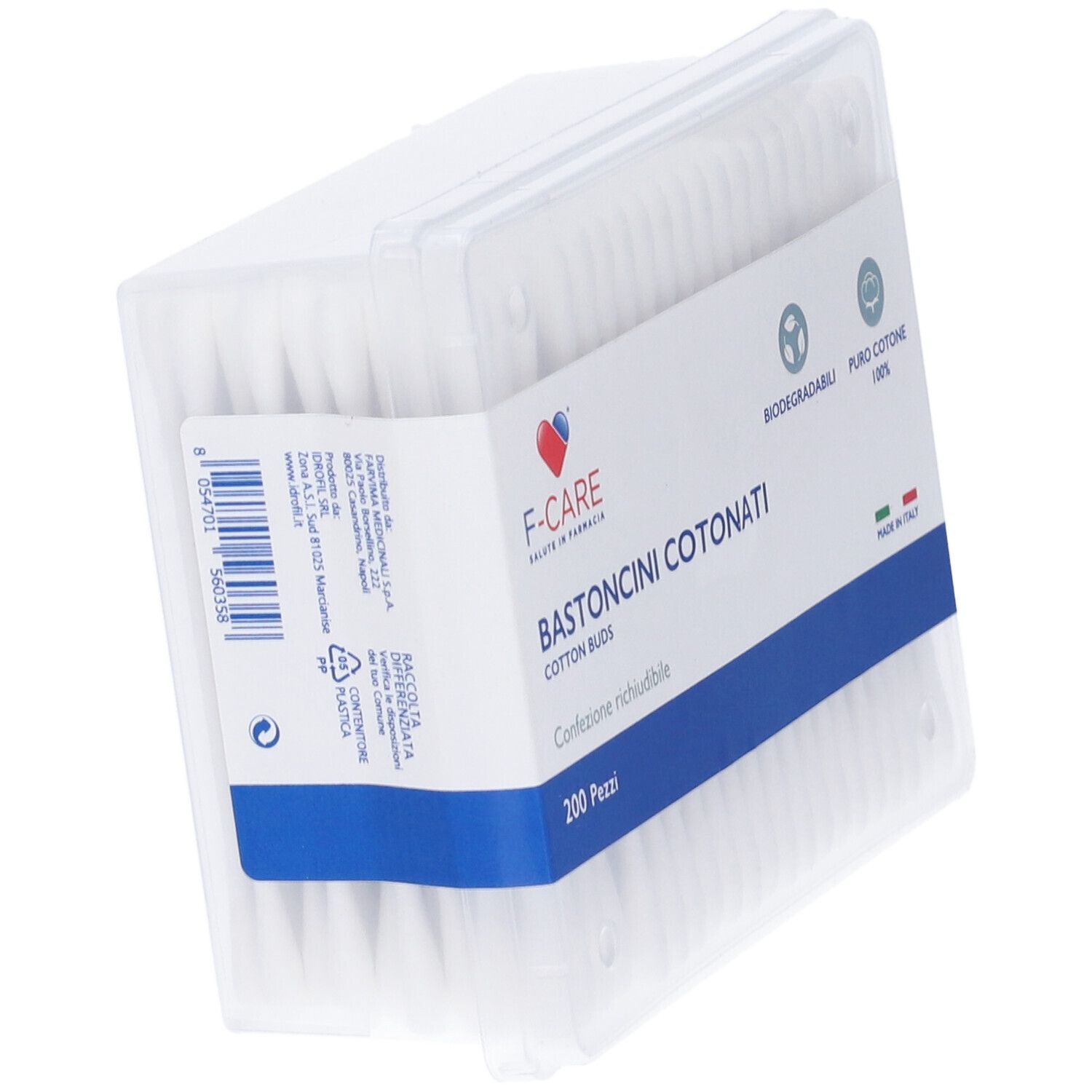 Confezione trasparente inclinata con bastoncini cotonati bianchi. Scritta: F-CARE, 200 pezzi.