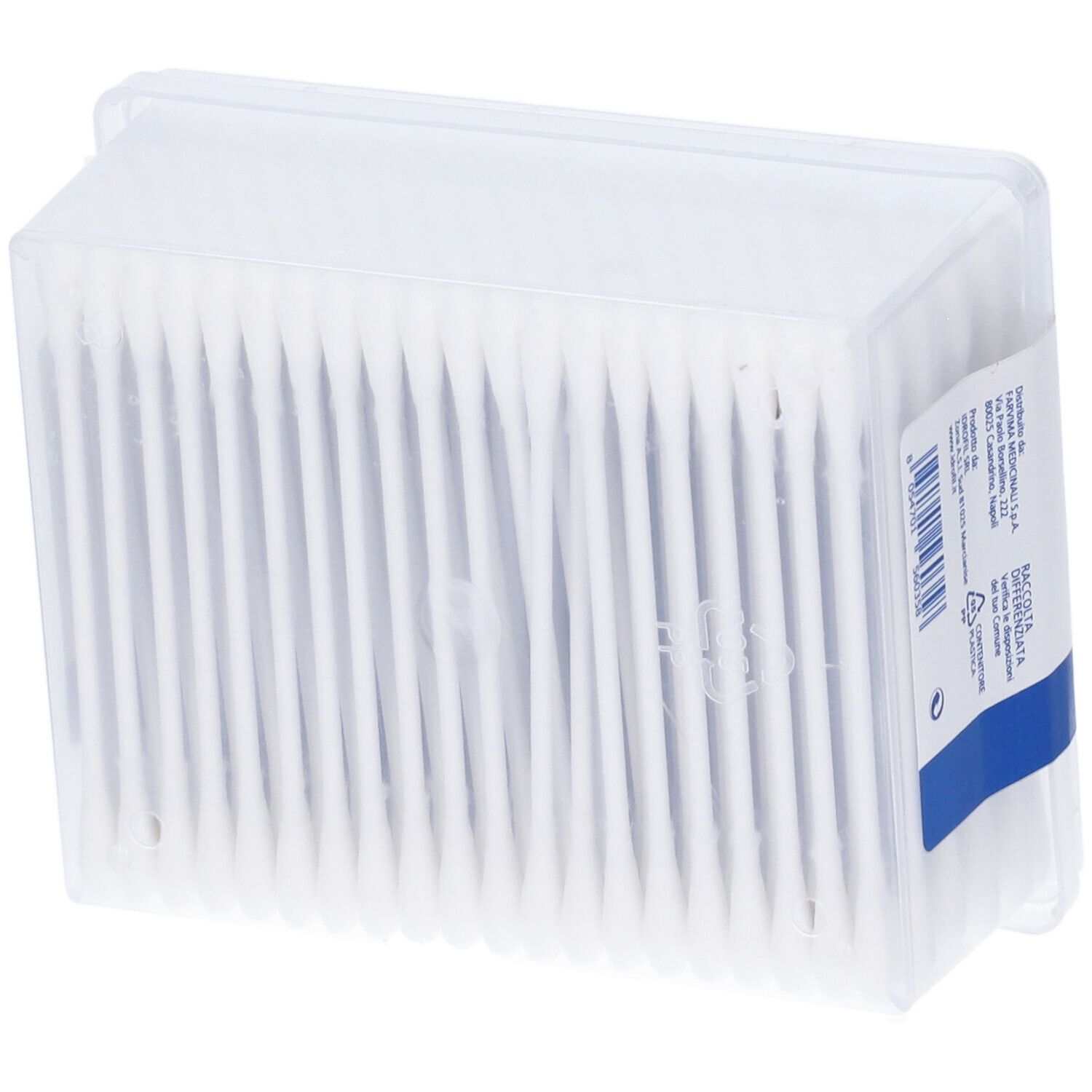 Confezione rettangolare trasparente con bastoncini cotonati bianchi. Etichetta sul retro.