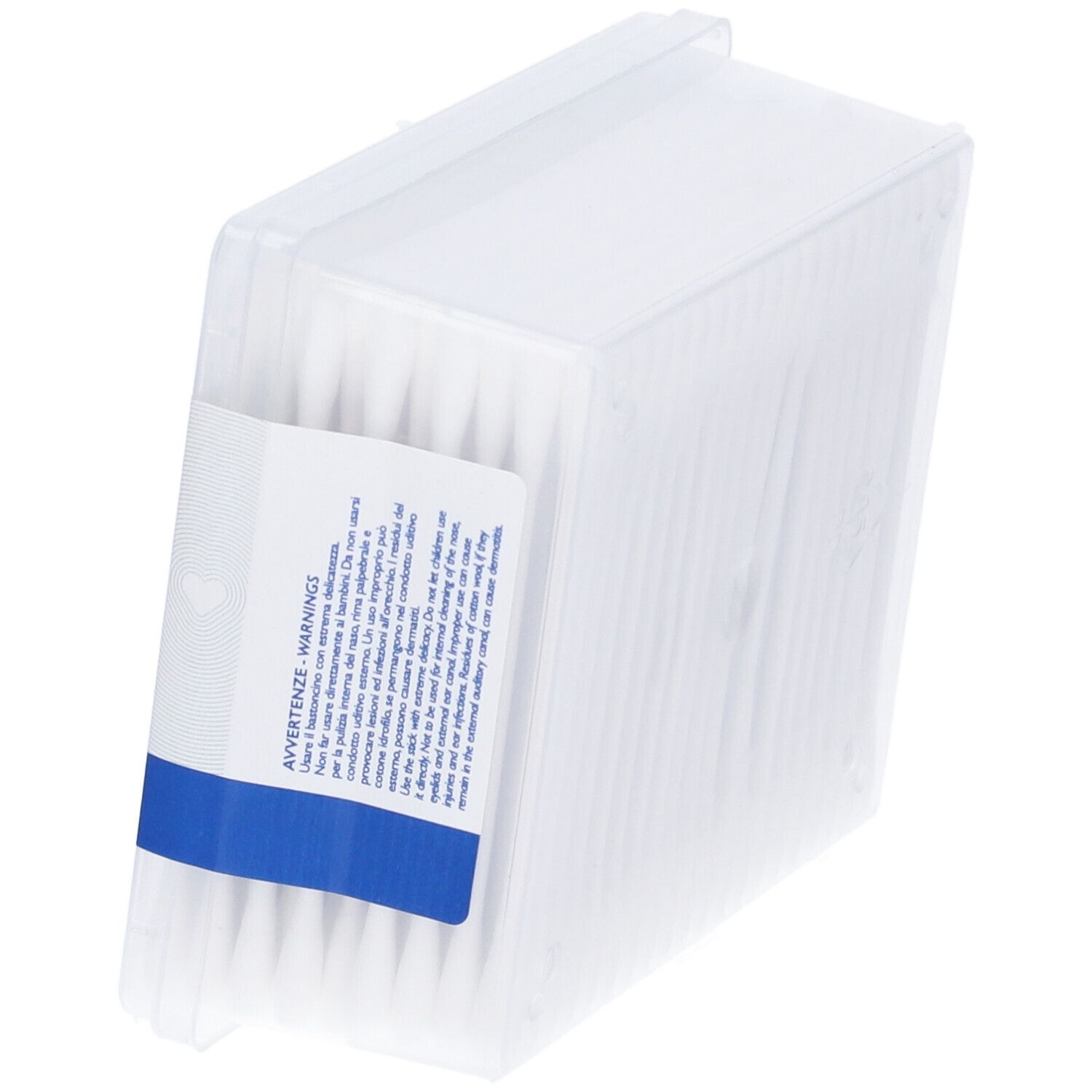 Confezione trasparente inclinata con bastoncini cotonati bianchi. Retro con avvertenze.