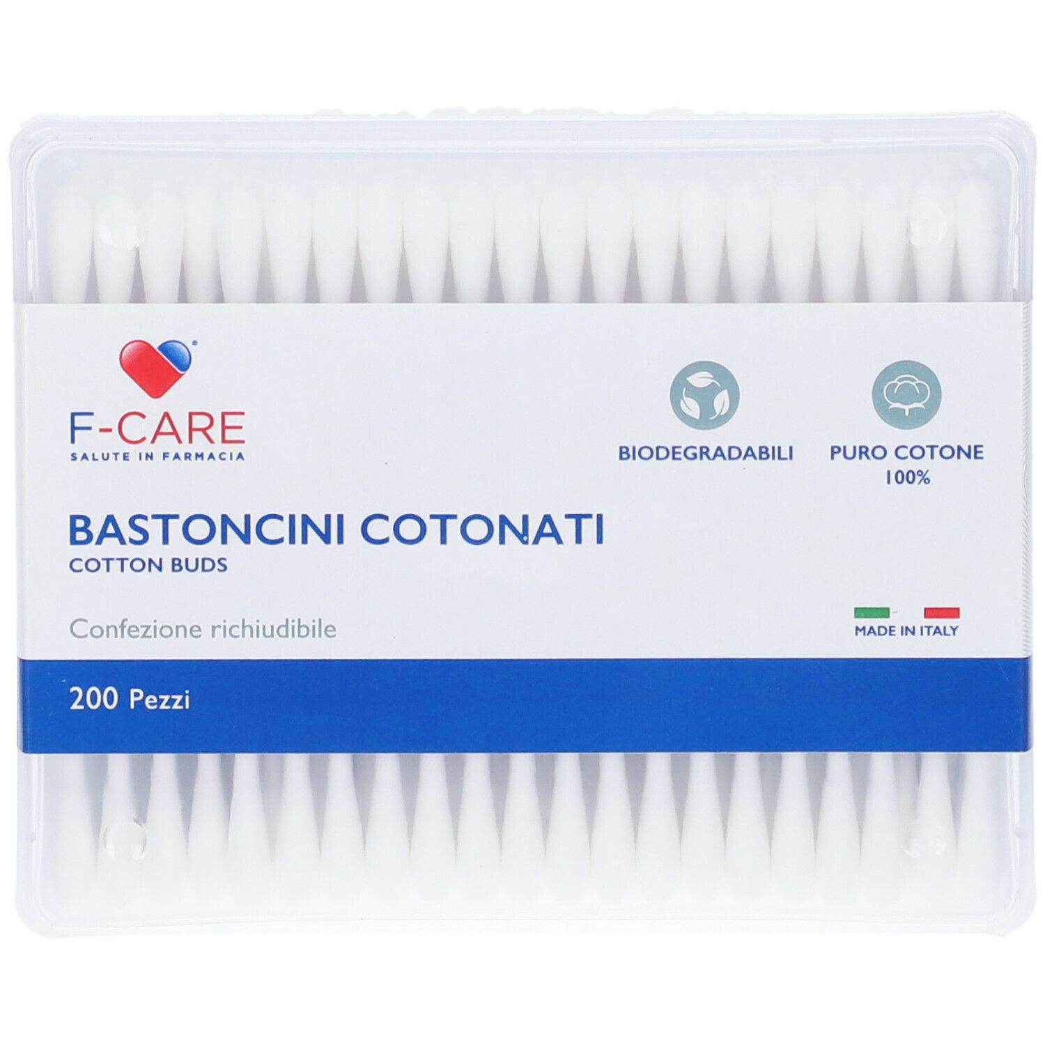 Vista dall'alto di una confezione di bastoncini cotonati. Scritta: F-CARE, 200 pezzi, puro cotone, biodegradabile.