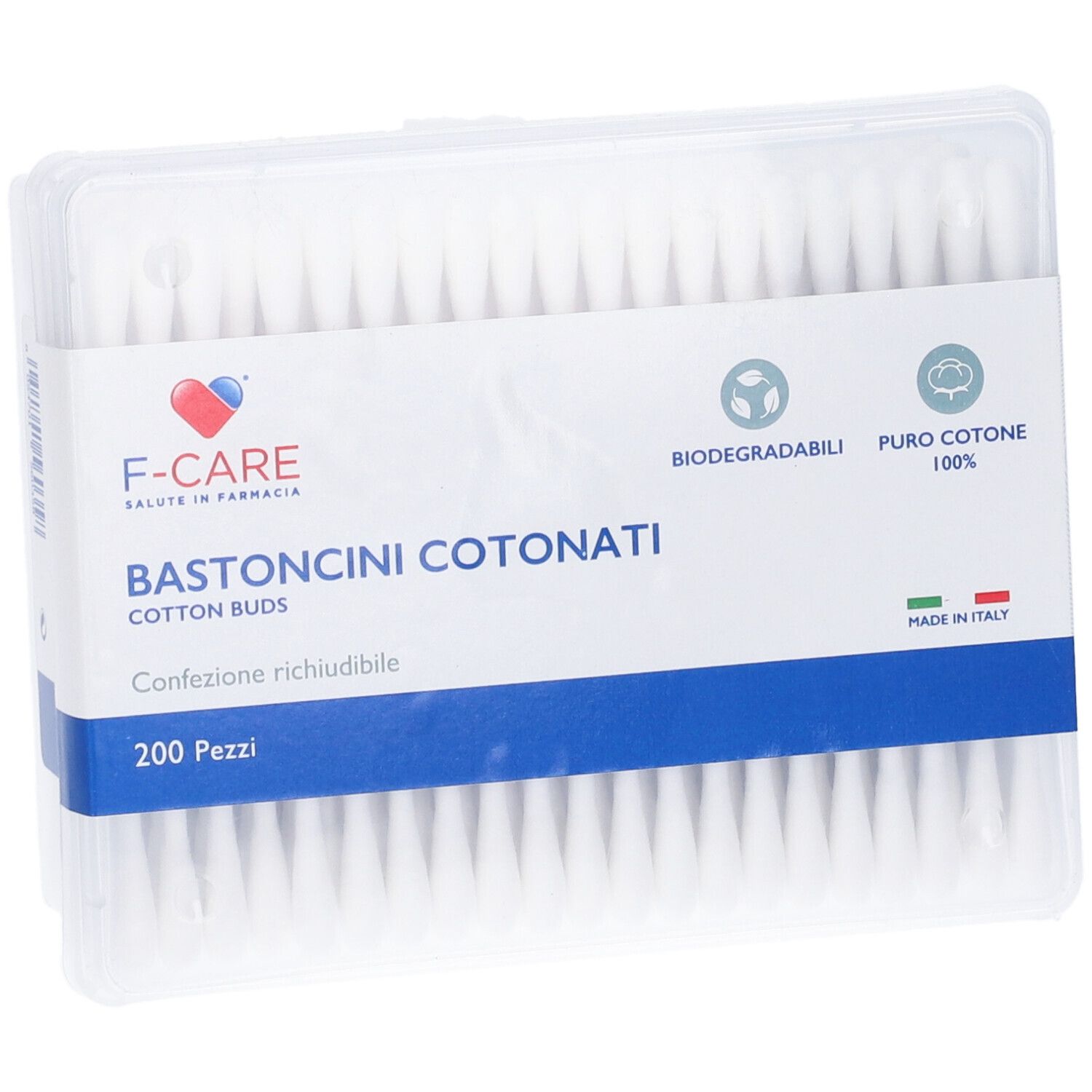 Confezione di bastoncini cotonati. Scritta: F-CARE, 200 pezzi, puro cotone, biodegradabile. Bandiera italiana.