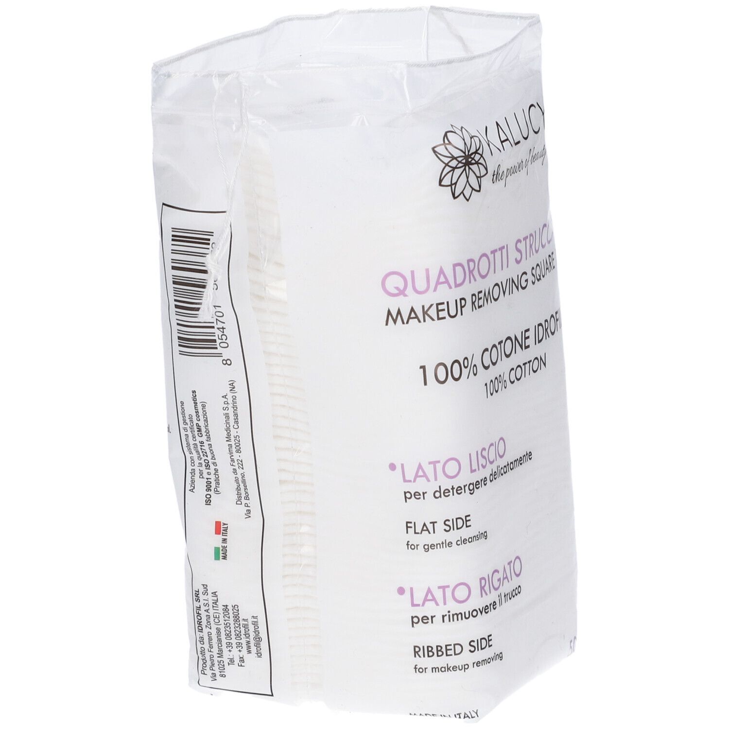 Kalucy Quadrotti, dischetti struccanti in confezione trasparente. 100% cotone. Testo in italiano e inglese.