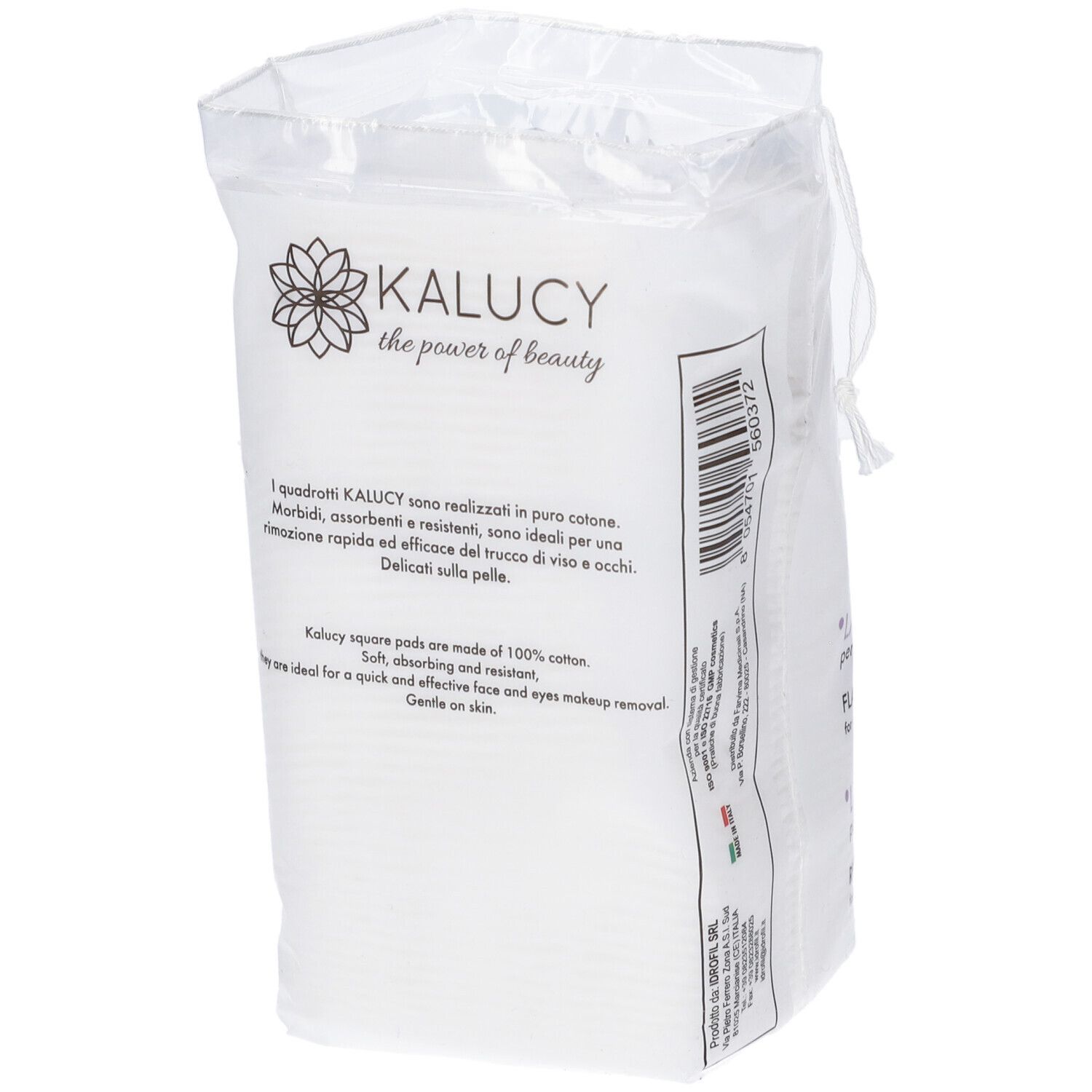 Kalucy Quadrotti, dischetti struccanti in confezione trasparente. 100% cotone. Testo in italiano e inglese.