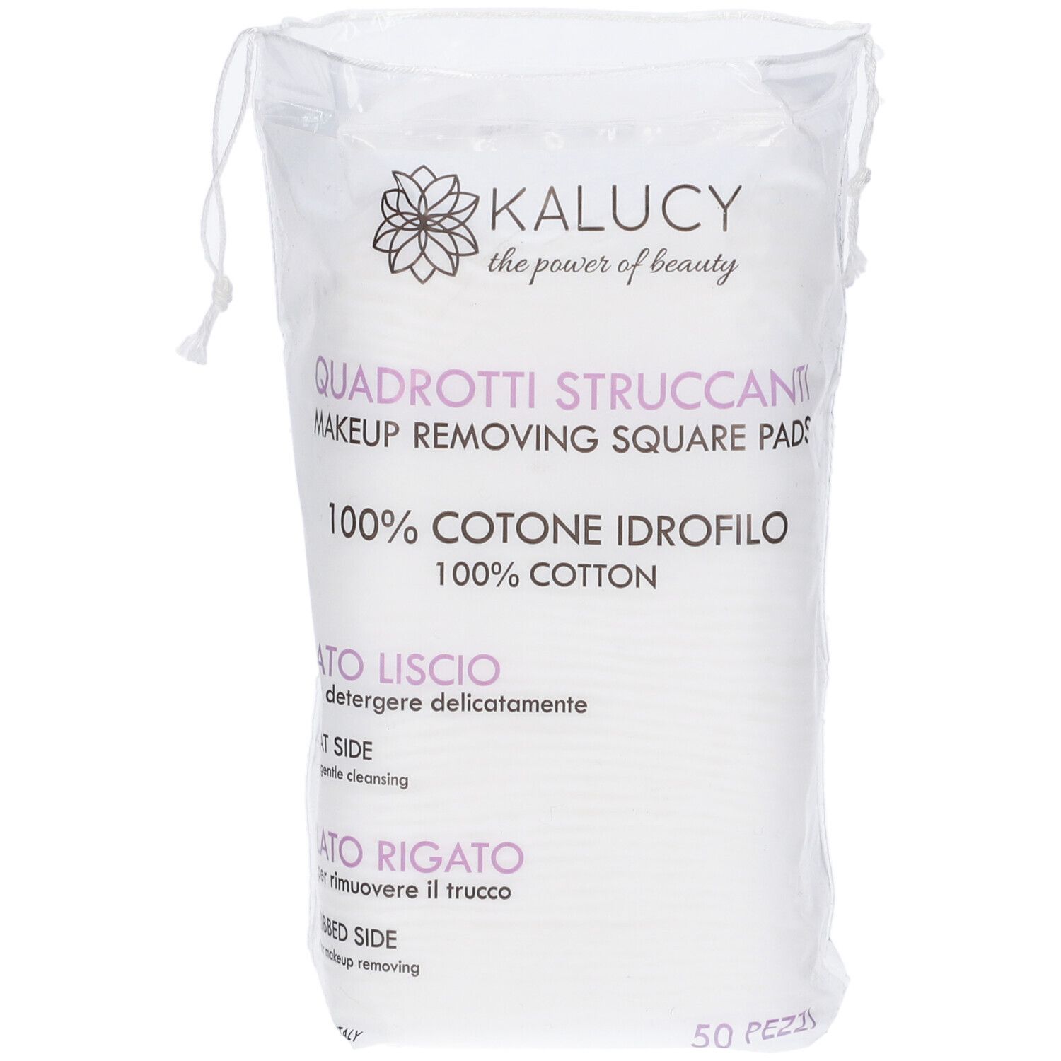 Kalucy Quadrotti, dischetti struccanti in confezione trasparente. 100% cotone, 50 pezzi. Testo in italiano.