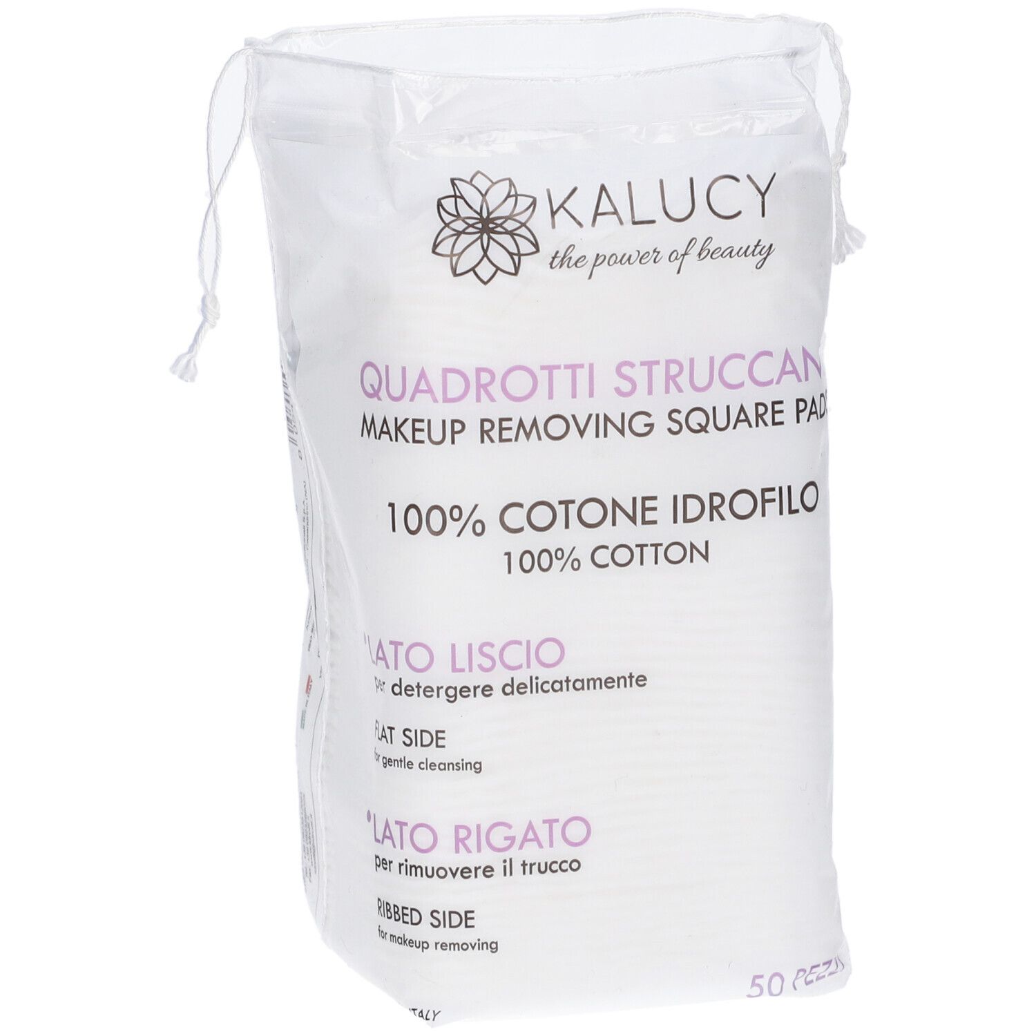 Kalucy Quadrotti, dischetti struccanti in confezione trasparente. 100% cotone, 50 pezzi. Testo in italiano.