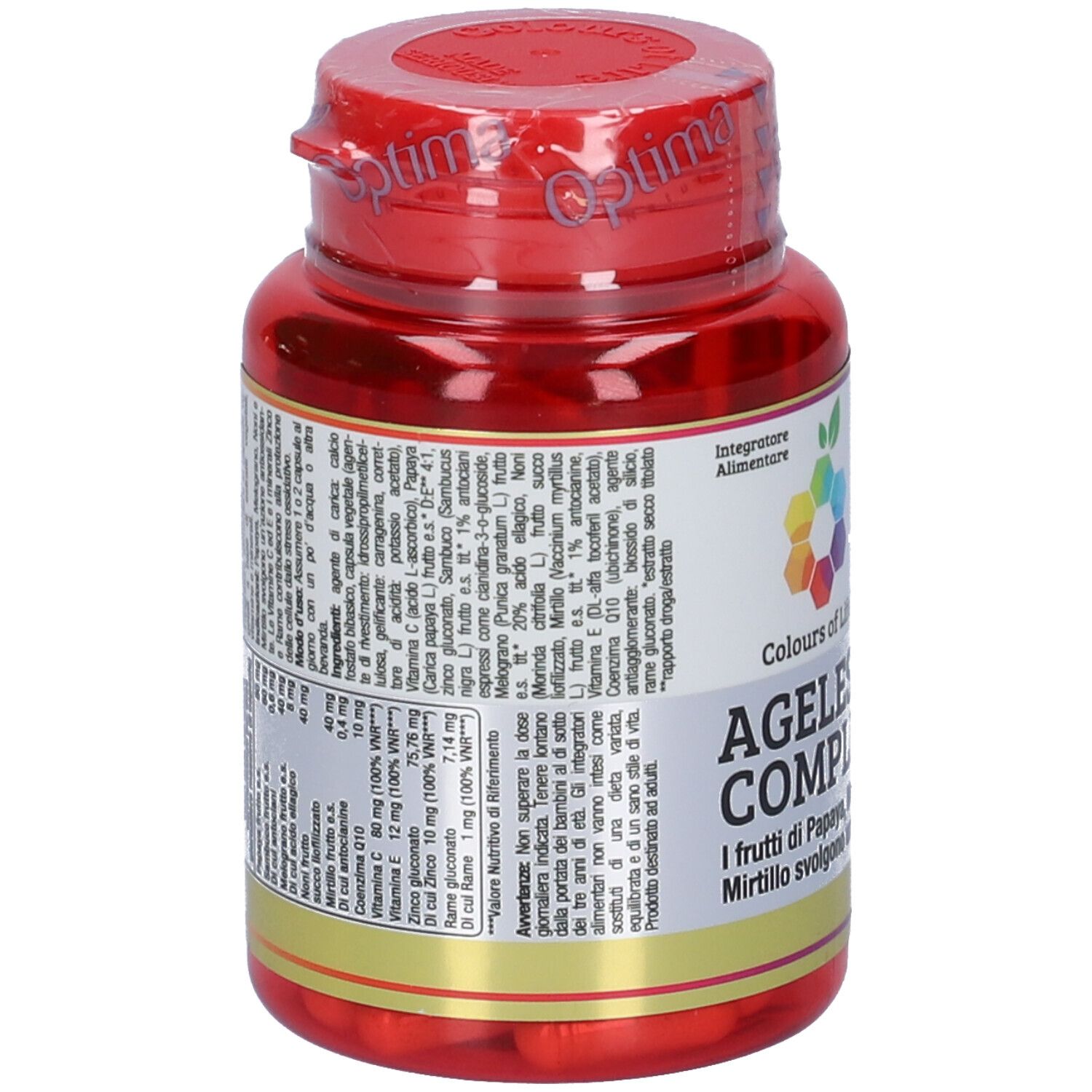 Flacone rosso di capsule con testo. Contiene informazioni sugli ingredienti e i valori nutrizionali. Logo: Optima Naturals.