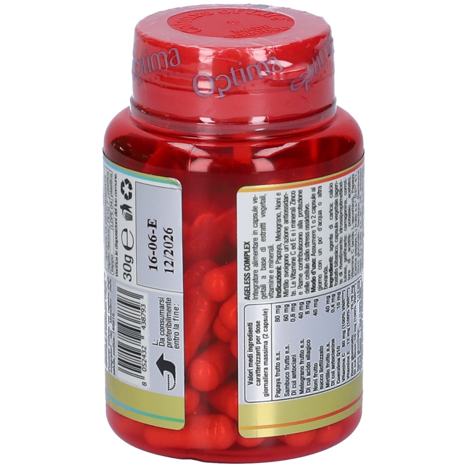 Flacone rosso di capsule con testo e capsule rosse. Contiene informazioni sugli ingredienti e i valori nutrizionali. Peso: 30g.