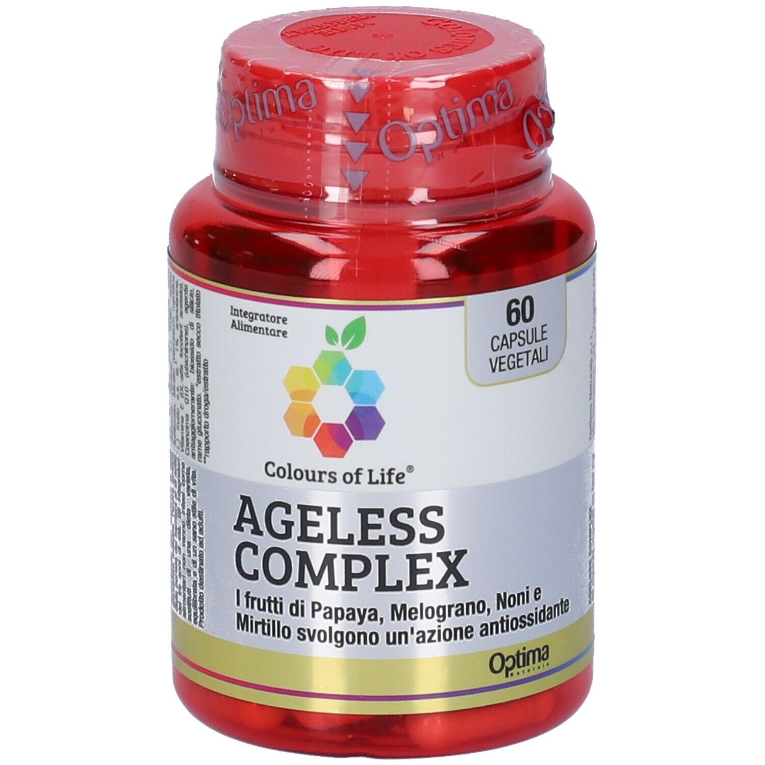 Flacone rosso di capsule con etichetta bianca. Scritta: Colours of Life, Ageless Complex, 60 capsule. Logo con elementi colorati.