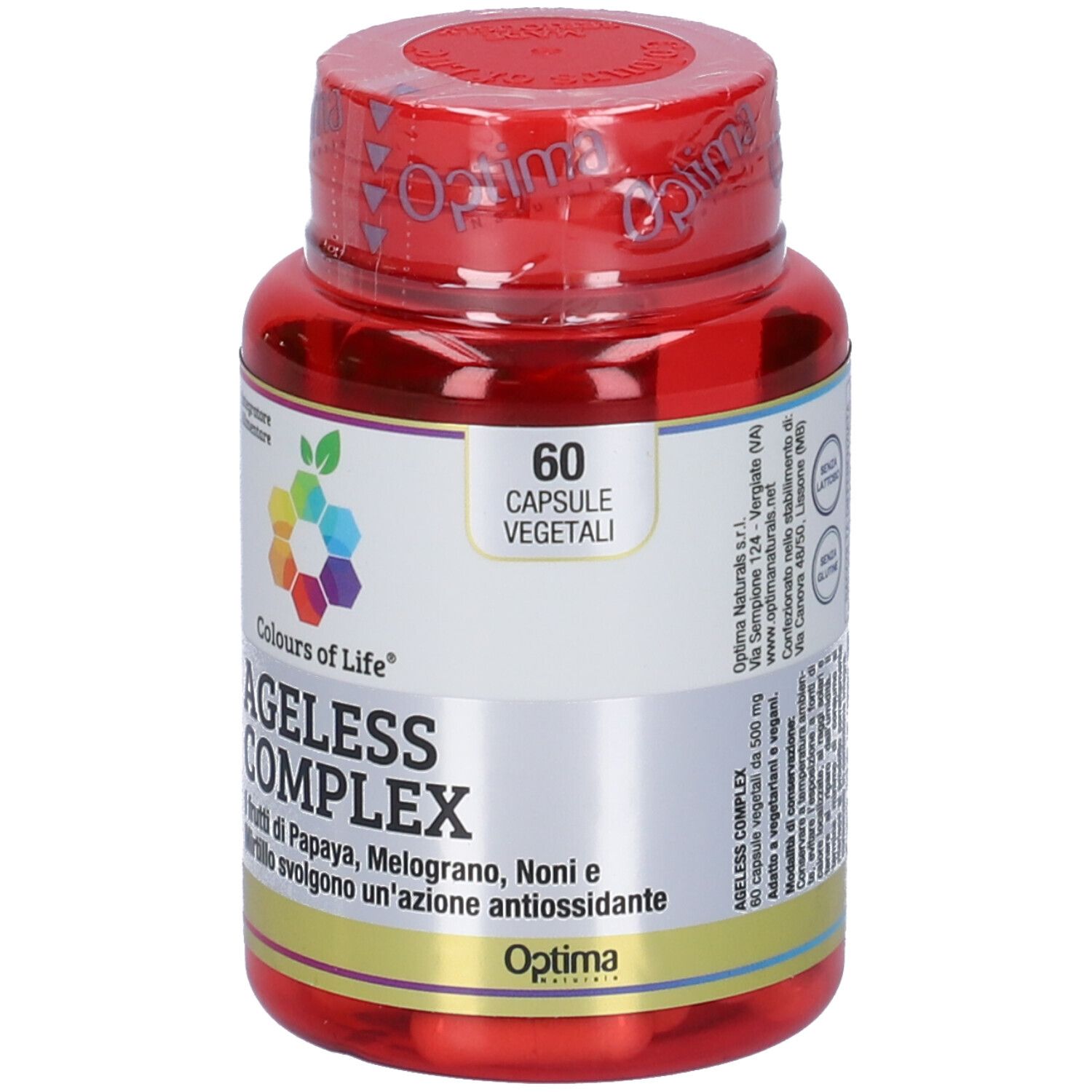 Flacone rosso di capsule con etichetta bianca. Scritta: Colours of Life, Ageless Complex, 60 capsule. Logo con elementi colorati.