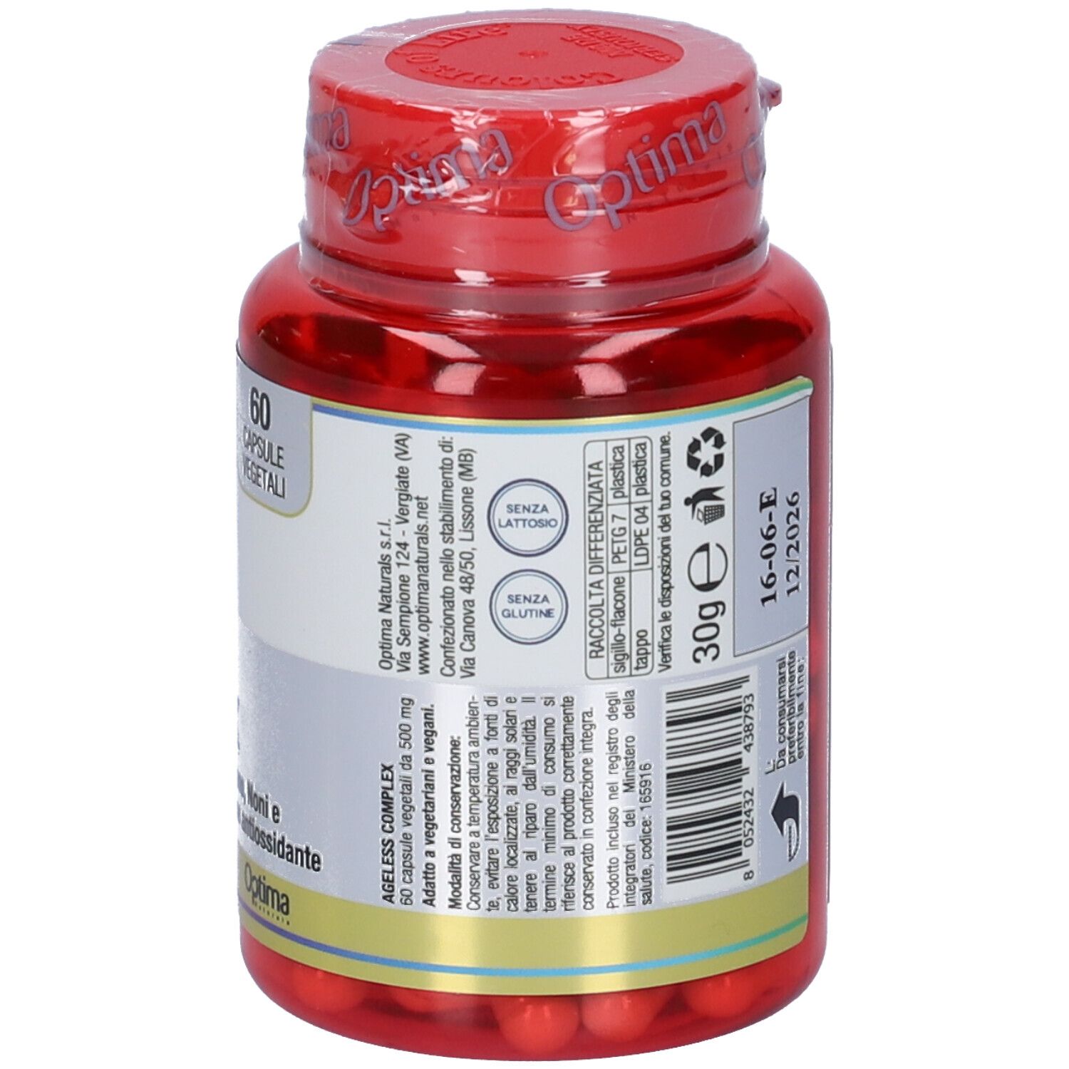 Flacone rosso di capsule con testo. Contiene informazioni sugli ingredienti e i valori nutrizionali. Logo: Optima Naturals. Senza lattosio e glutine.