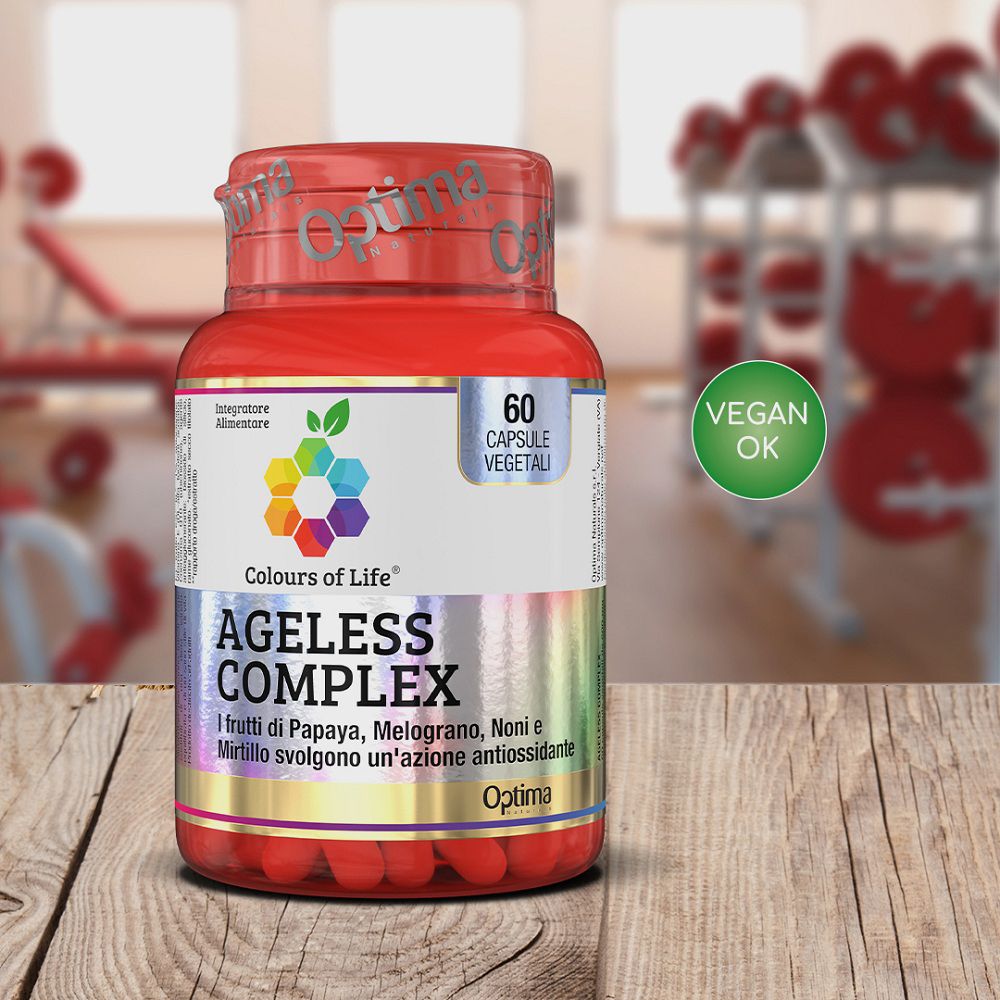 Barattolo rosso Colours of Life Ageless Complex in palestra, sigillo "Vegan OK".