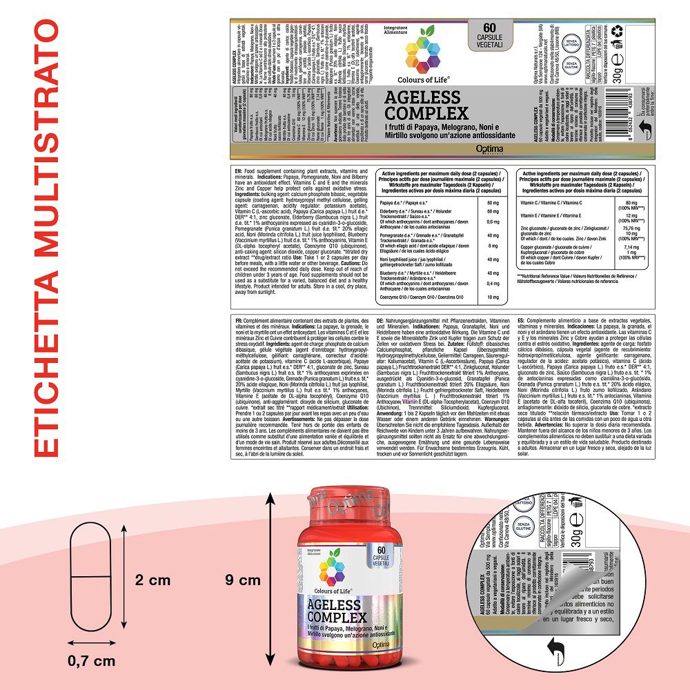 Retro del barattolo Colours of Life Ageless Complex con etichetta e informazioni nutrizionali.