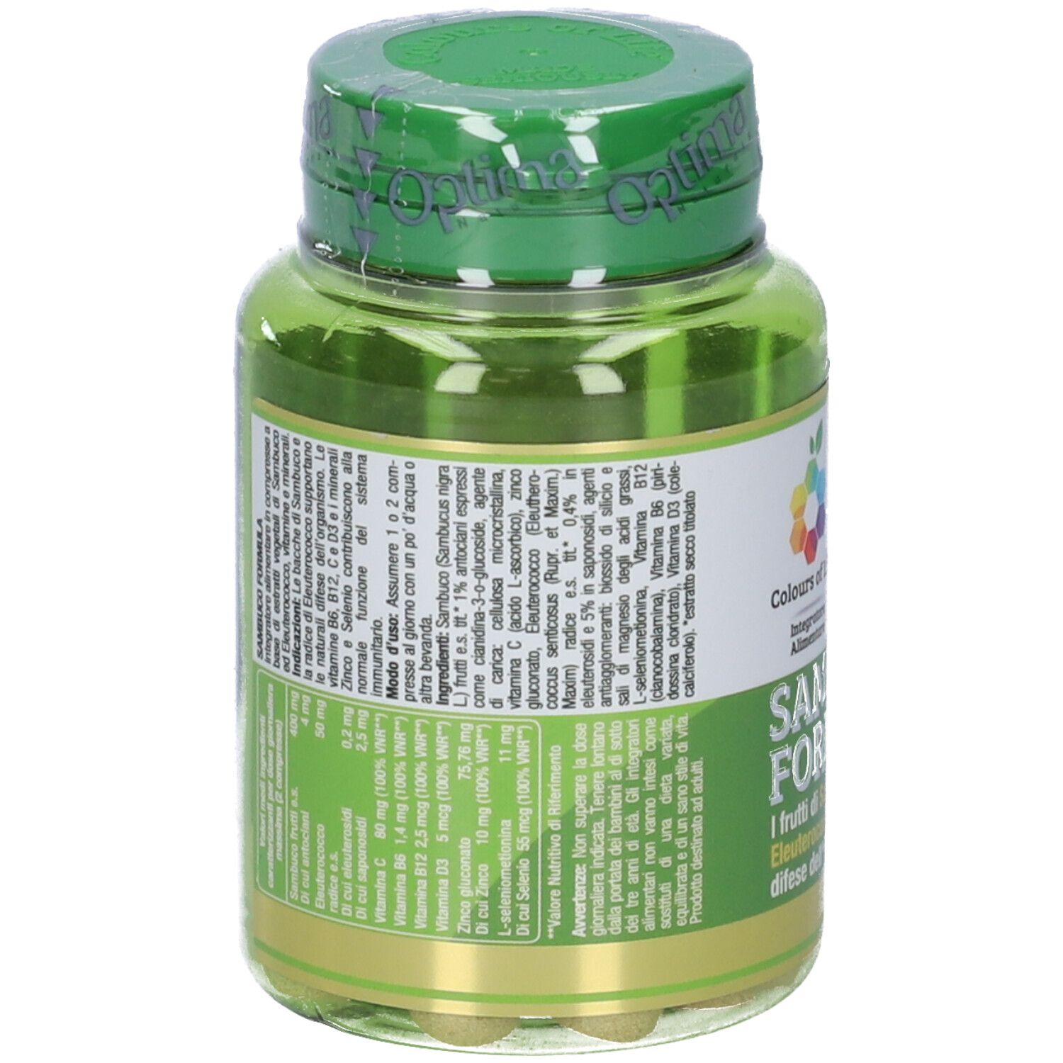 Retro di un flacone verde di compresse. Contiene informazioni sugli ingredienti e i valori nutrizionali. Marchio: Colours of Life.