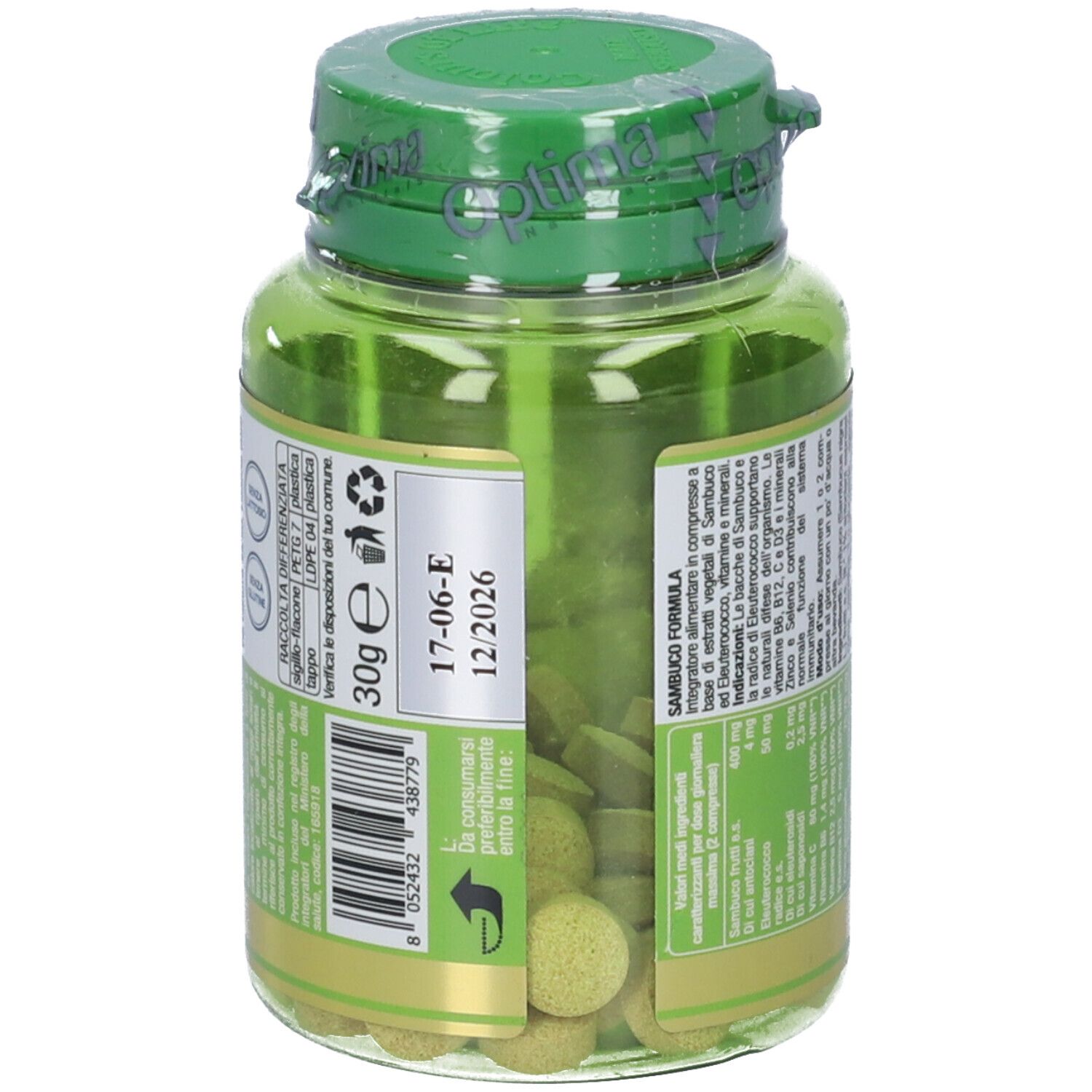 Retro di un flacone verde di compresse. Mostra informazioni come peso, data di scadenza e simboli di riciclaggio.