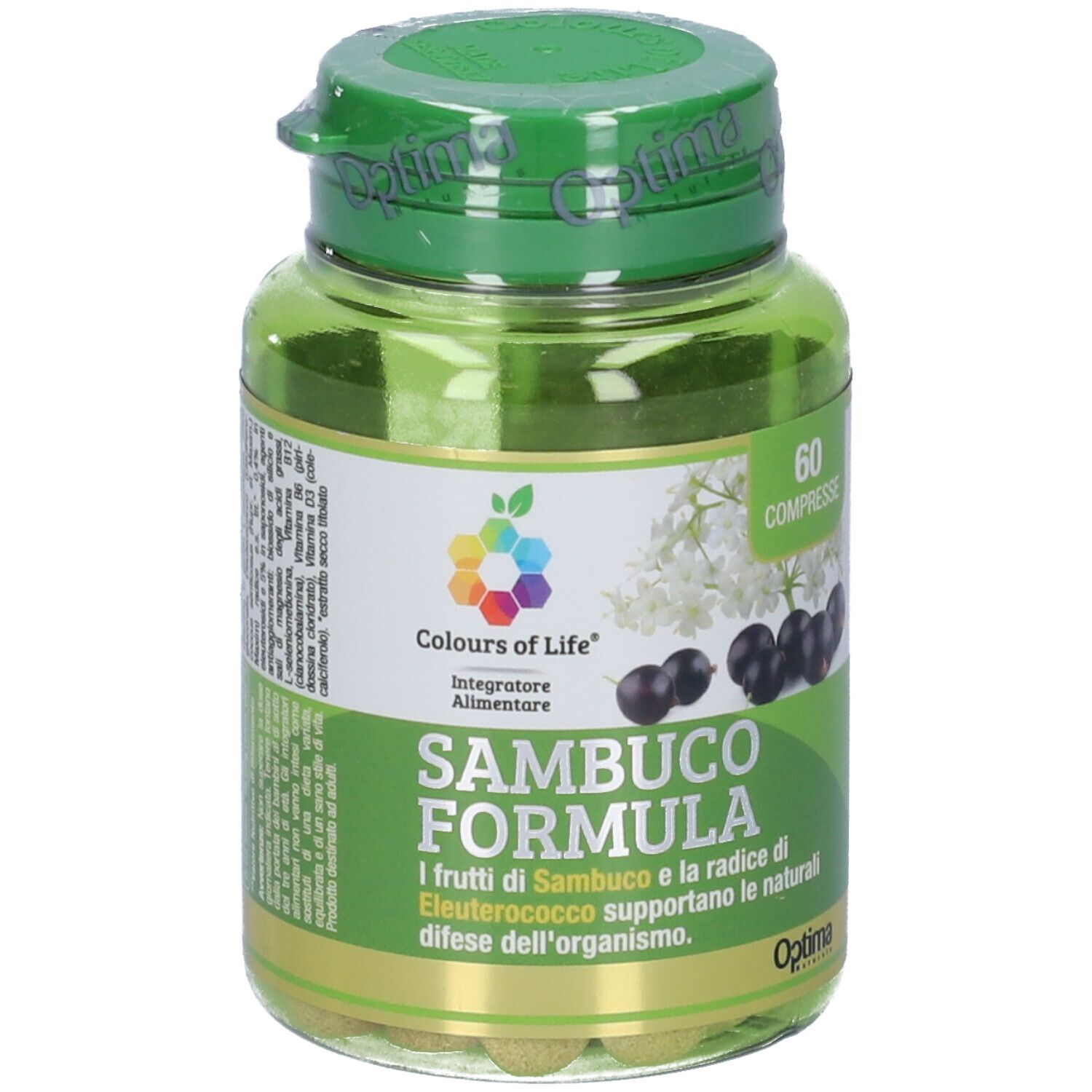 Flacone verde di plastica con compresse. Scritta: Colours of Life, Sambuco Formula, 60 compresse. Immagine di fiori e bacche di sambuco.