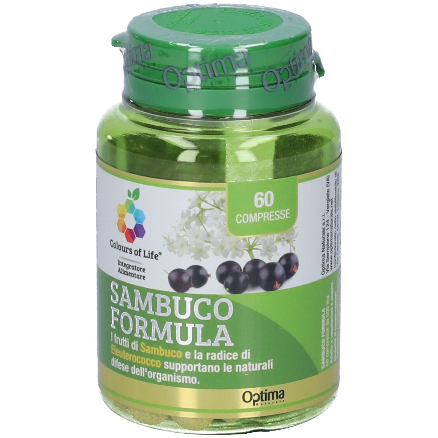 Flacone verde di plastica con compresse. Scritta: Colours of Life, Sambuco Formula, 60 compresse. Immagine di fiori e bacche di sambuco.