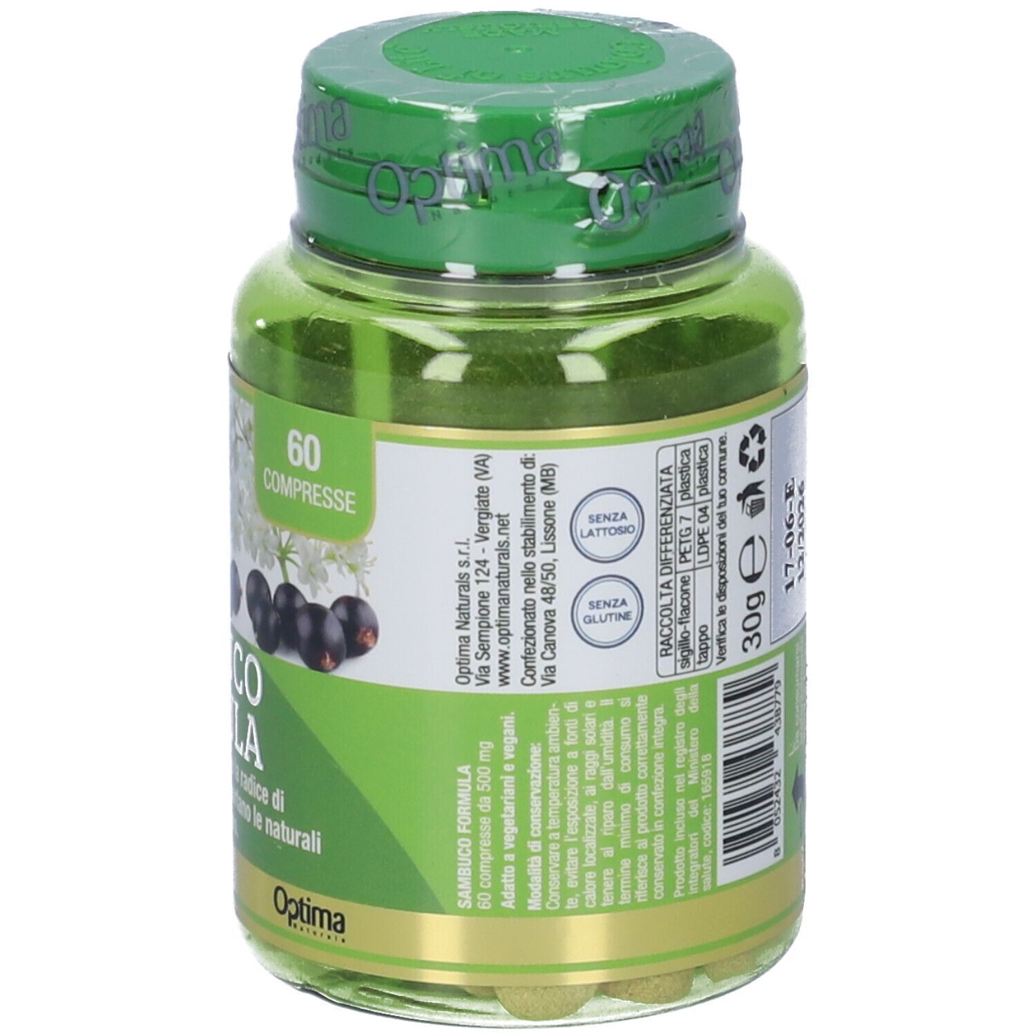 Retro di un flacone verde di compresse. Contiene informazioni sugli ingredienti e i valori nutrizionali. Marchio: Colours of Life.